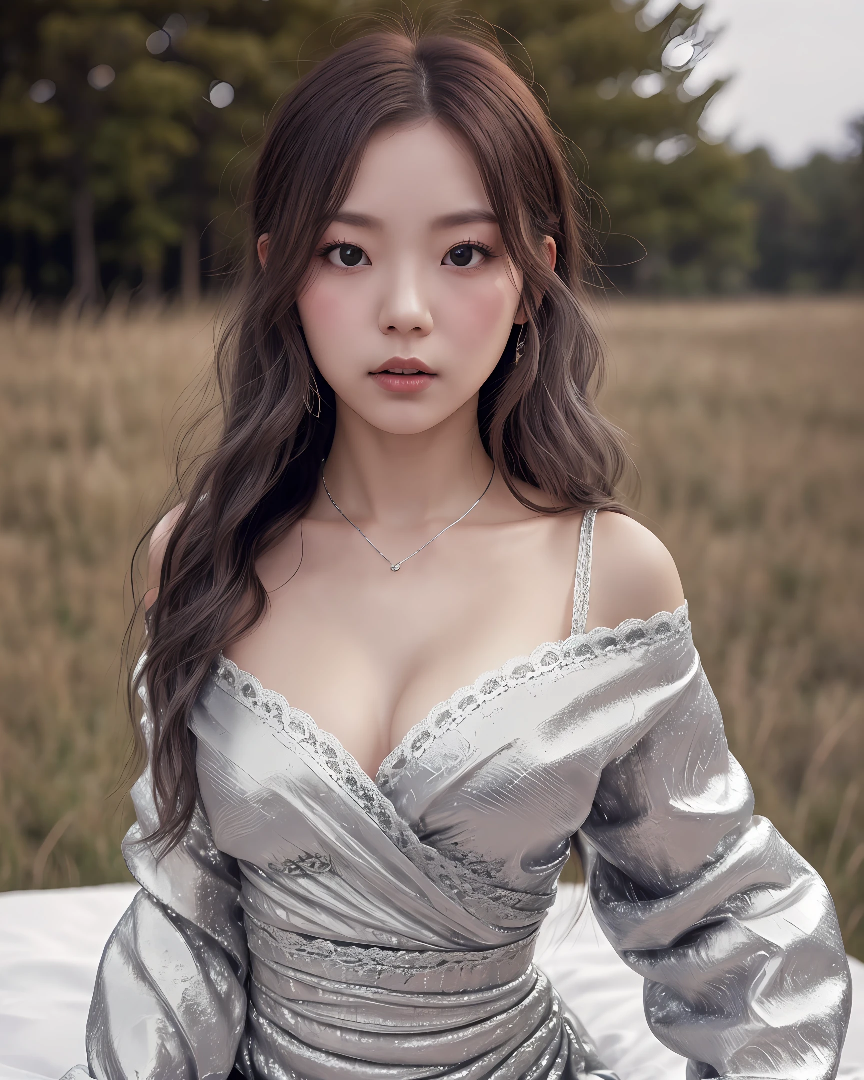 Pickfingle 8K resolution，超高分辨率，high-definition picture quality，high qulity，The perfect human structure，Delicate light makeup，Hallyu girl group，1个Giant Breast Girl，独奏，hoang lap，Bare shoulders，Deep eyes，largeeyes，eye shadows，long eyelasher，Sweet silkworm，rnlong hair，By bangs，Hair between both eyes，((Silver-gray hair))，Wide sleeves，Take off your sleeves，((Wrap the chest_Lace))，White shirt，Crop topping，Short pleated skirt，((Shiny clothes))，sit on a bed，Shooting outdoors，large grassland，Lace，dynamic angle