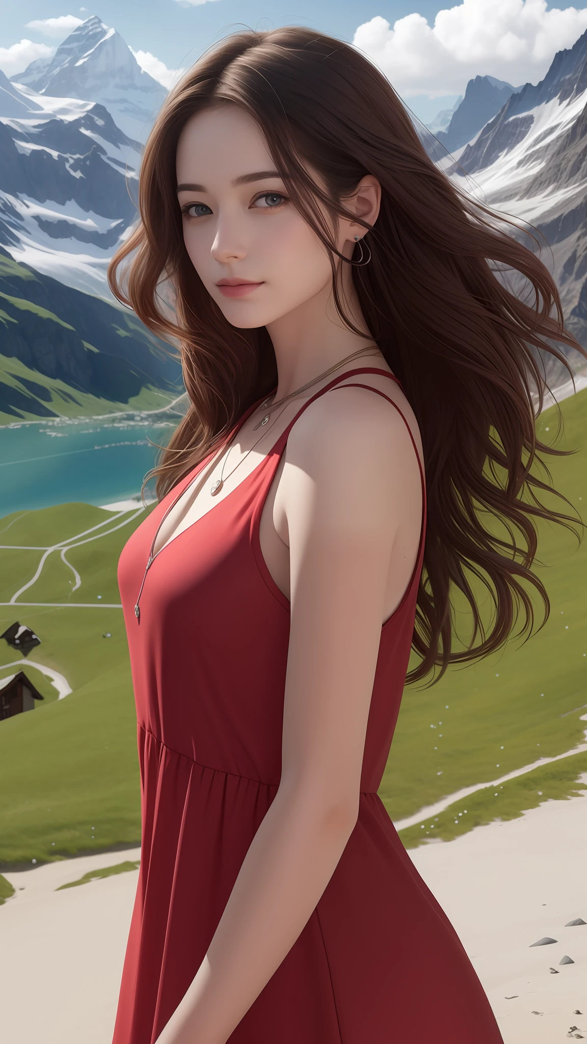 masterpiece,ultra realistic,32k,extremely detailed CG unity 8k wallpaper, best quality,
The Swiss Alps, Switzerland, ( Dark red A-line dress ) ,((spring day )), Beachy waves with a side part ,eardrop,lady ,necklace,