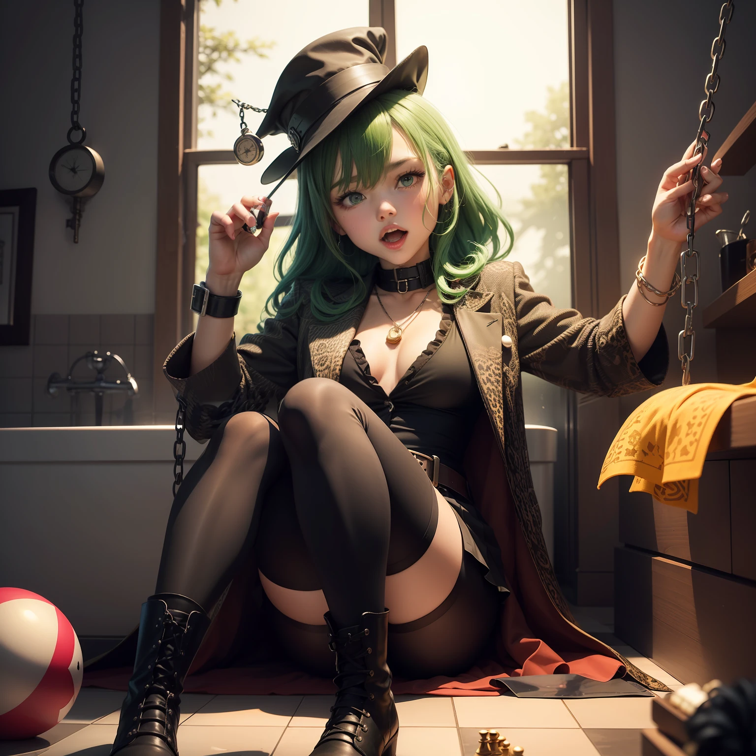 a dark painting of a cartoon character with a circular object in the air, with chains around her and a hand holding a chain, !, !!, 1boy, 1girl, alice \(alice in wonderland\), alice \(alice in wonderland\) \(cosplay\), america, anchor, argyle, argyle background, argyle legwear, ball, ball and chain restraint, ball gag, bathroom, bathtub, bdsm, belt, bishop \(chess\), black rock shooter \(character\), blue fire, board game, bondage, bondage outfit, boots, bound, bound wrists, broken, broken chain, brother and sister, caesar anthonio zeppeli, cage, camouflage pants, card, chain, chain-link fence, chain necklace, chained, checkerboard cookie, checkered, checkered background, checkered flag, checkered floor, checkered kimono, checkered legwear, checkered necktie, checkered neckwear, checkered obi, checkered scarf, checkered shirt, checkered skirt, chess piece, chibi, chibi inset, clown, club \(shape\), cocktail glass, collar, color guide, company name, compass, cookie, copyright, corded phone, cow print, crosswalk, crystal, cube, cuffs, dead master, deerstalker, diamond \(shape\), diamond \(symbol\), dice, different reflection, faucet, female saniwa \(touken ranbu\), femdom, fence, flag, flail, flaming eye, floor, foreshortening, gloves, gohei, gold chain, gotland \(kancolle\), green eyes, green hair, hairpods, halftone, halftone background, handcuffs, hat feather, heart lock \(kantai collection\), hexagon, himekaidou hatate, holding flag, honeycomb \(pattern\), honeycomb background, hook, houndstooth, jester cap, kamado tanjirou, kazami yuuka \(pc-98\), key, keychain, keystone, king \(chess\), knight \(chess\), leash, leopard ears, leopard tail, long hair, map, mechanical tail, mirror, motoori kosuzu, net, nyarlathotep \(nyaruko-san\), official style, on floor, one-hour drawing challenge, oonusa, open mouth, ouma kokichi, outstretched arm, outstretched arms, outstretched hand, overcoat, parody, pastel colors, pee, perspective, picnic, pixel art, pixelated, plaid backgr