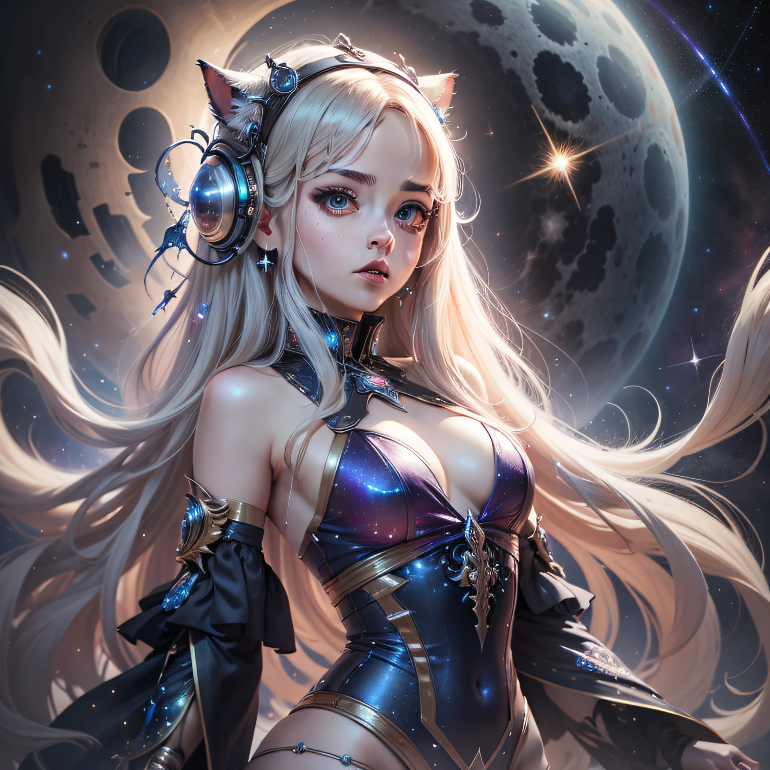 Uma imagem com uma feiticeira espacial cativante em uma roupa futurista encantadora, conjuring cosmic magic amidst distant stars and galaxies. A cena combina sensualidade com misticismo sobrenatural, creating a seductive and mesmerizing presence.