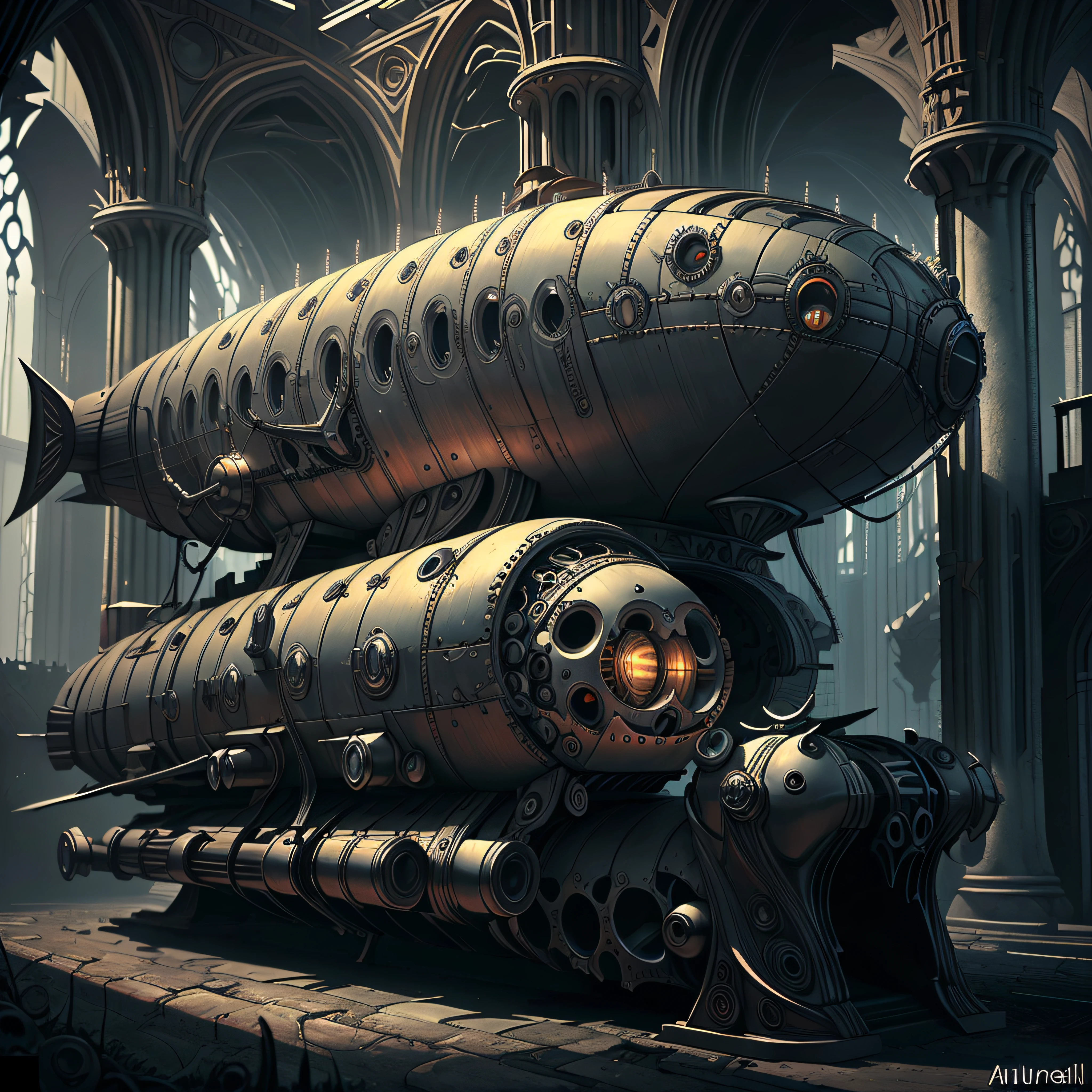 Full body character illustration of a ominous, gloomy, nautical, biomechanical, clockwork, art deco, nautilus, full of valves and gauges, medieval futurism, exquisite 3D (solid drawing) volumetry enhancing perspective (depth) --auto
