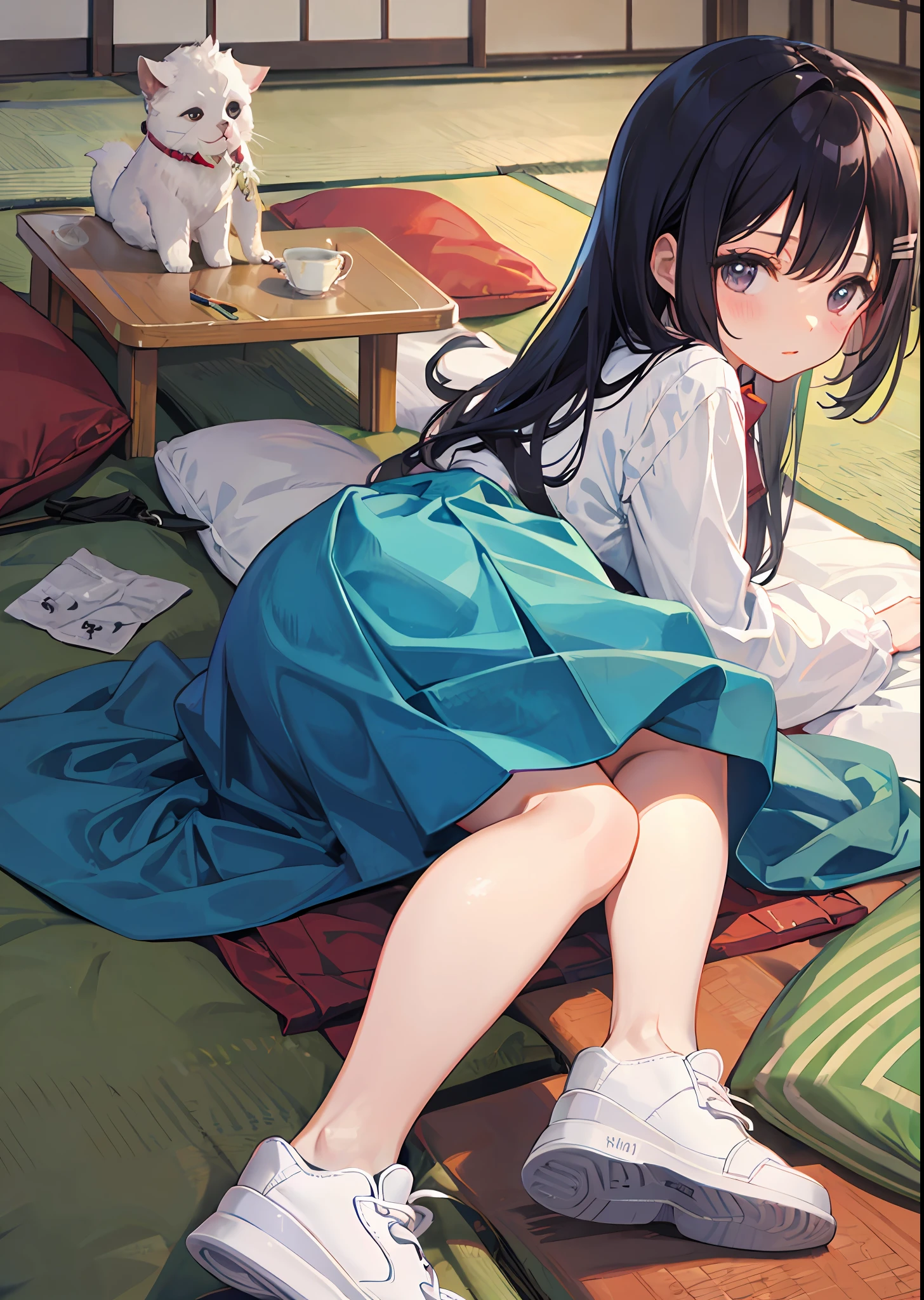 femele、traditional Japanese room、futon bedding、sneakers