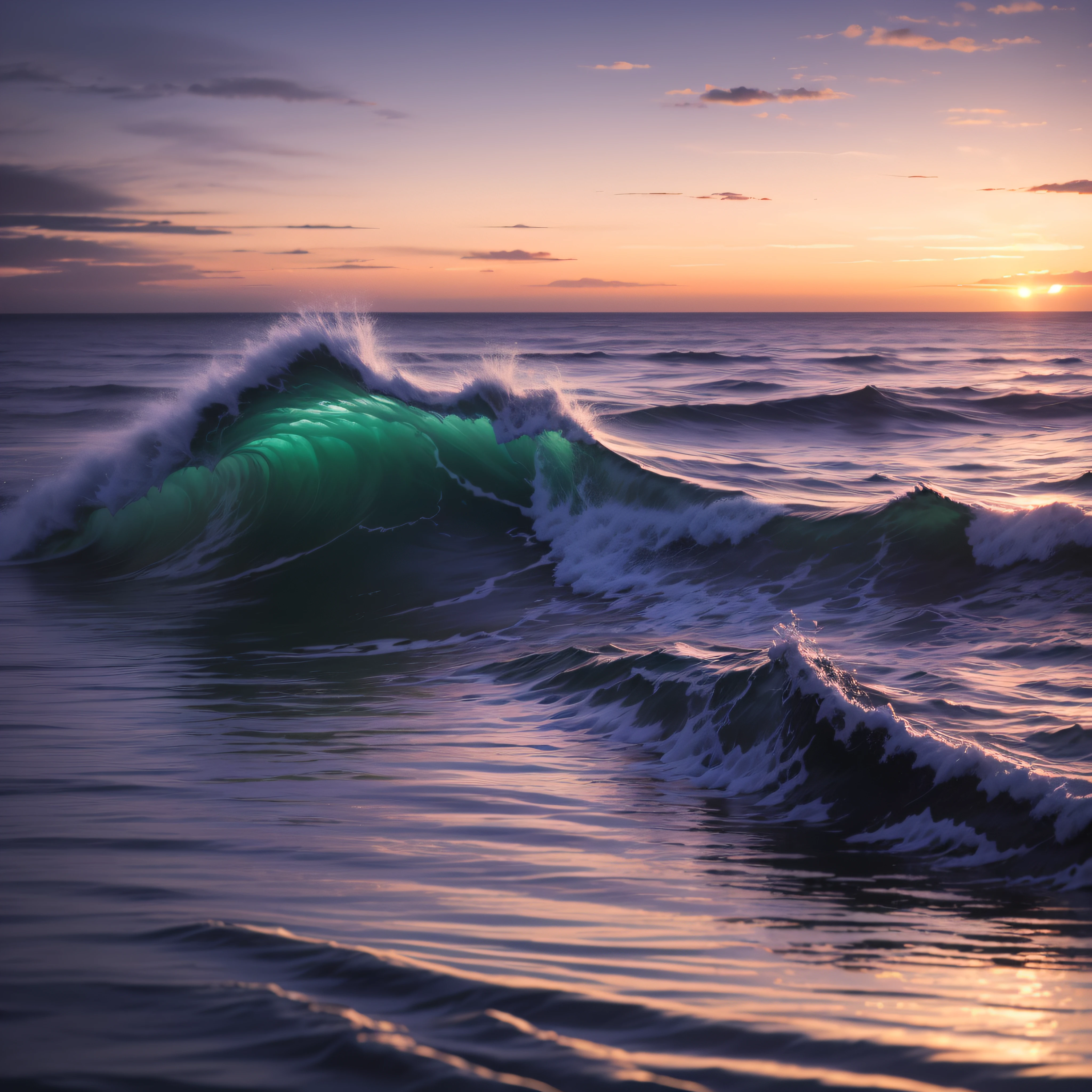 Waves crashing on the shore at sunset、gentle waves、Soft dreamlike light at dusk、pastel overflow、Pastel Wave、Wavy water、Soft purple glow、Reflecting lavender seawater、Soft blur and shine、Soft shine、Pastel sunset、sunset glow、Soft motion blur、Soft reflection、Gentle colors、Calm emotions