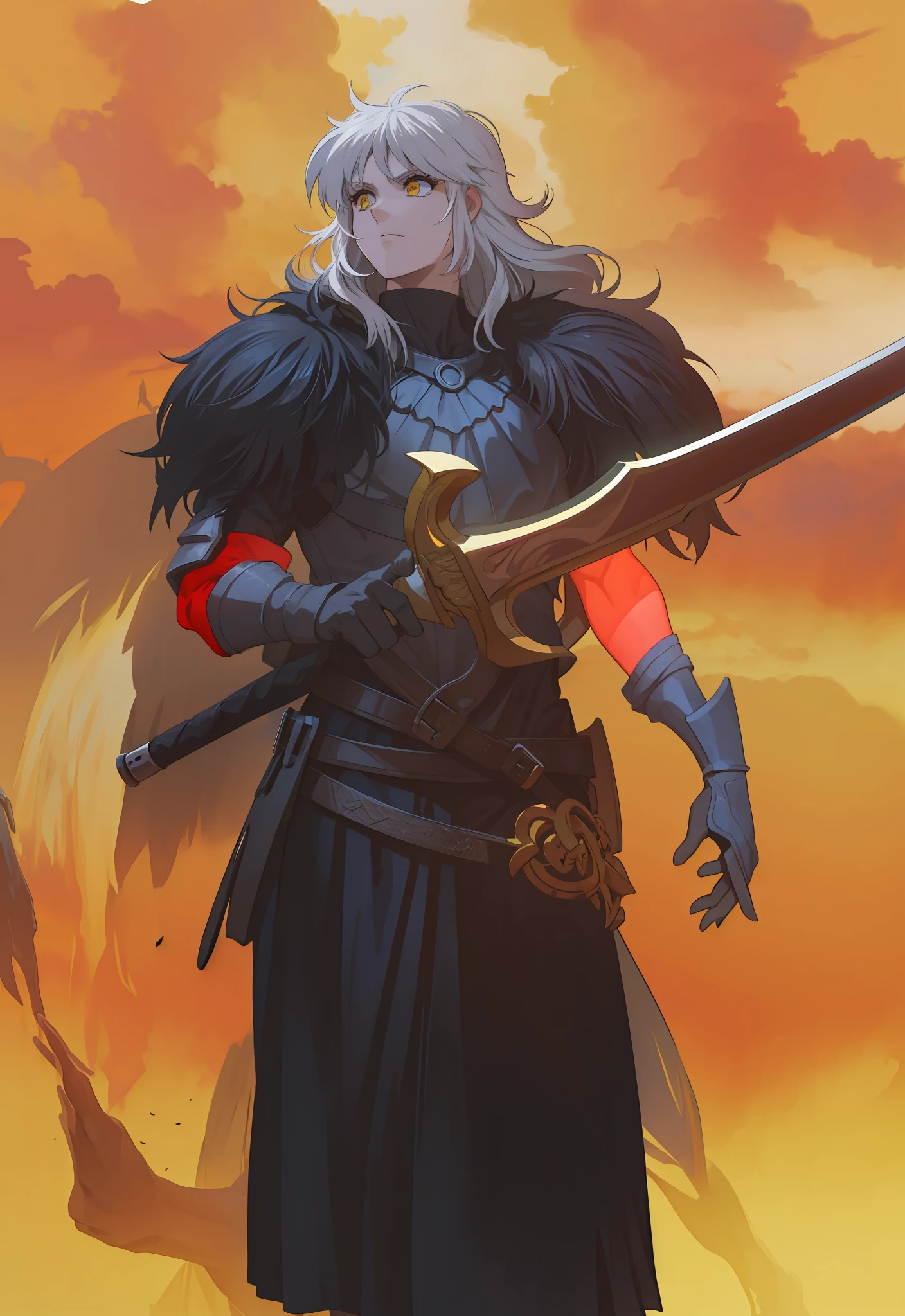 Masculino, pele negra, olhos amarelo,4k,no meio do fogo, Dark kingth armor Full body, Dark fantasy, segurando uma espada,tons de calor