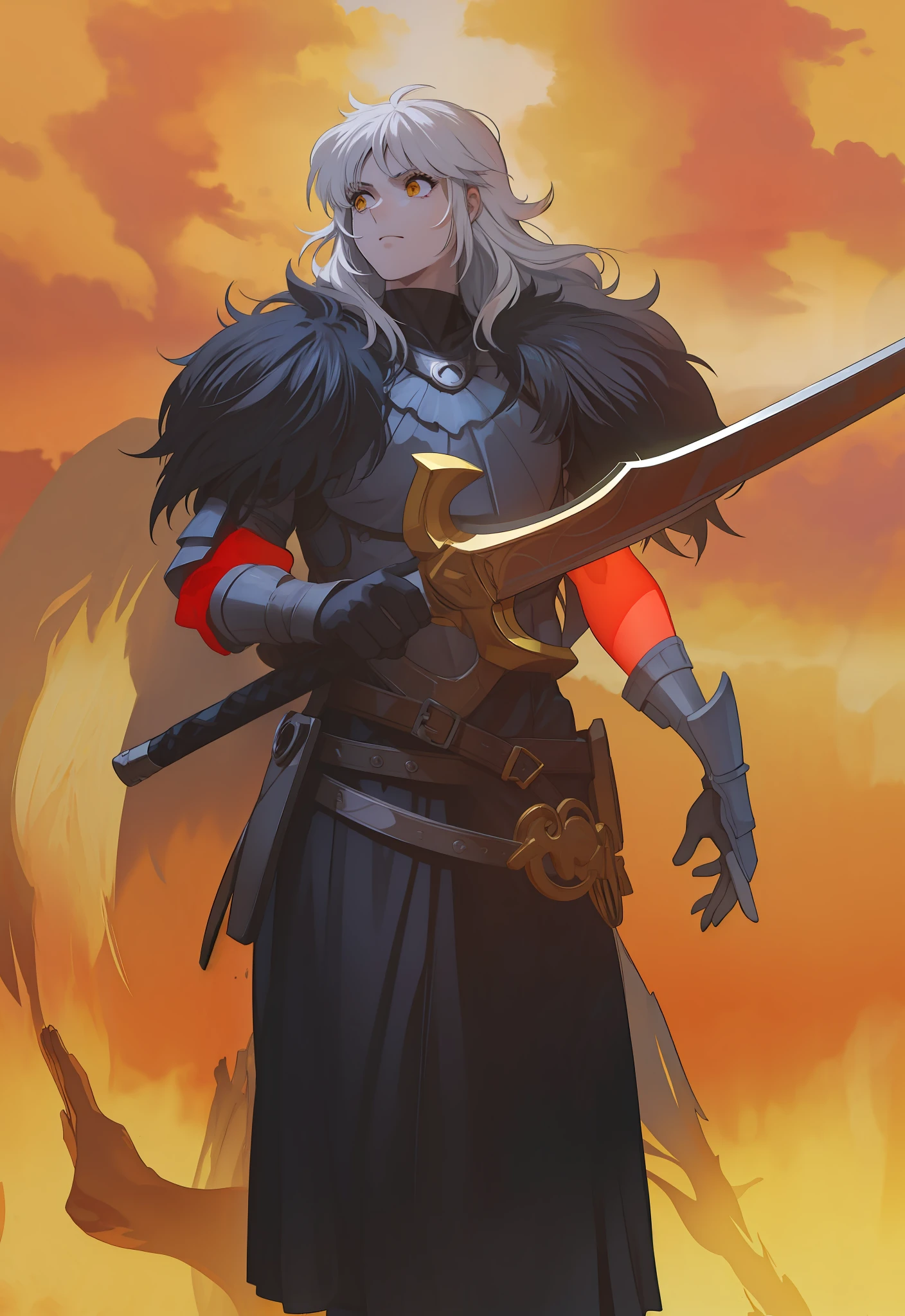 Masculino, pele negra, olhos amarelo,4k,no meio do fogo, Dark kingth armor Full body, Dark fantasy, segurando uma espada,tons de calor