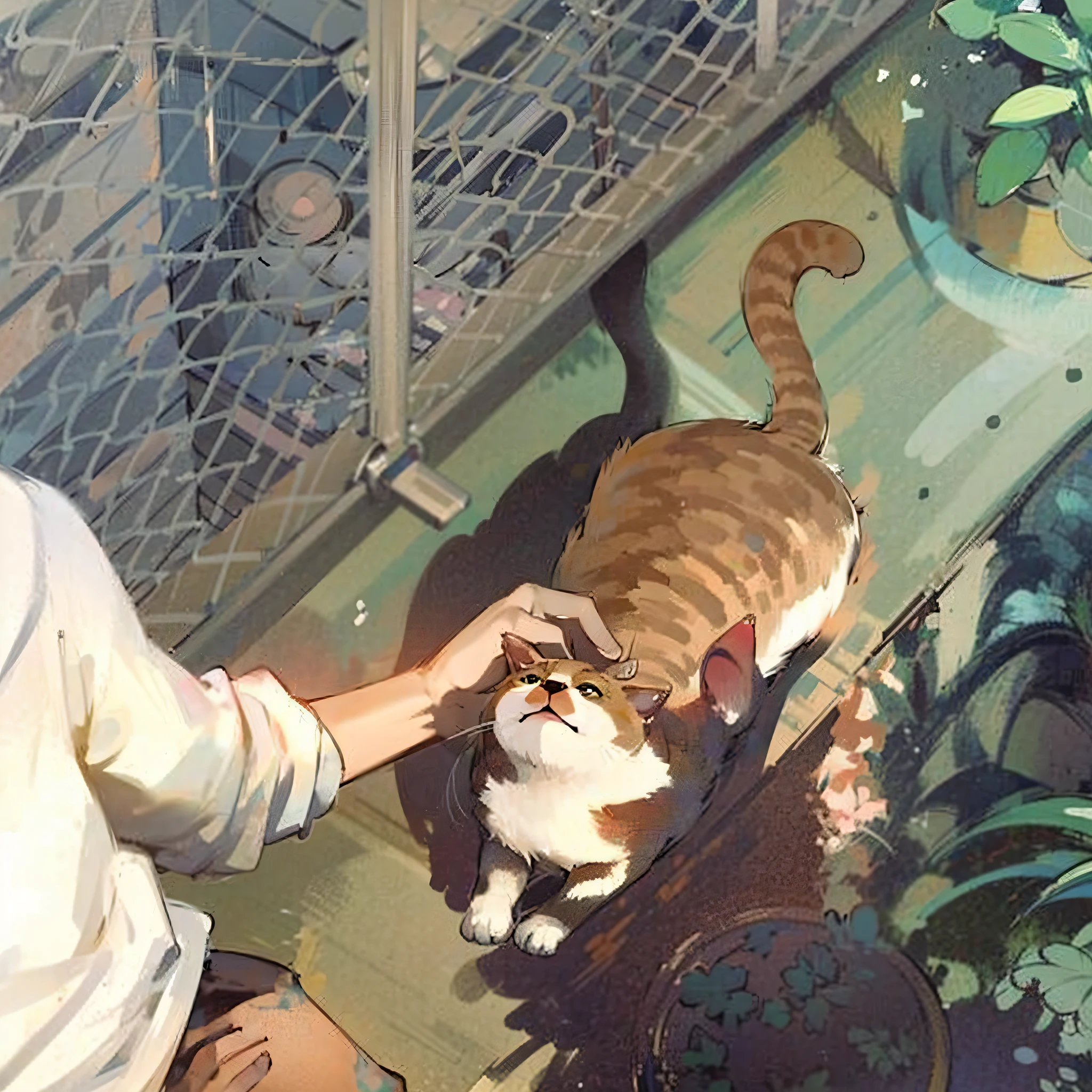 painting of a cat being pet by a person in a cage, ( ( Makoto Shinkai ) ), Makoto Shinkai's style, Makoto Shinkai. High detail, Lofi art, Guweiz e Makoto Shinkai, By Makoto Shinkai, By Makoto Shinkai, studio glibly makoto shinkai, lofi --auto