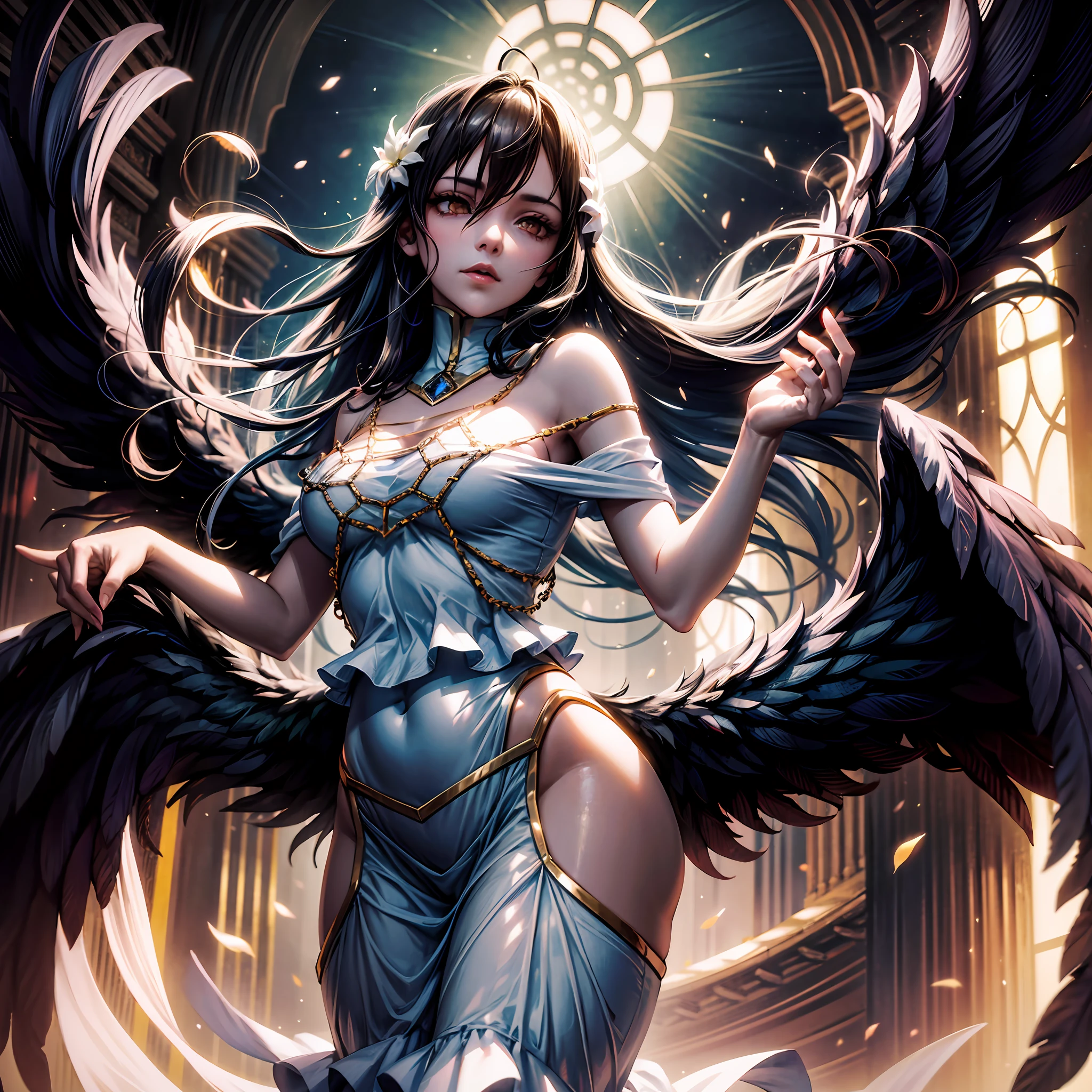 (extremamente detalhado CG unidade 8k papel de parede, master part, best quality, ultra-detalhado), (best ilumination, melhor sombra, um extremamente delicado e bonito), floating, high-resolution, Dynamic angle, dynamic pose, (1girl), Gothic attire, asas, bonito e gentil, tilted camera angle, Night scenery, fora, ethereal and mysterious.