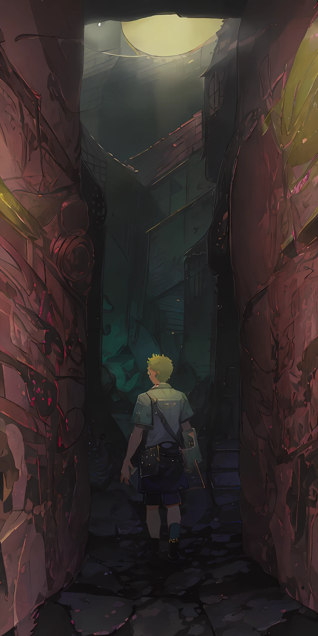 Garoto acorda em um local escuro e misterioso. Olhando ao seu redor, He realizes he's in an old underground chamber. on floor, perto dele, There is a strange shining stone.(illustration: 1.0), Epic composition, lifelike lighting, detalhes HD, obra-prima, melhor qualidade, (muito detalhado CG unificado papel de parede 8k)