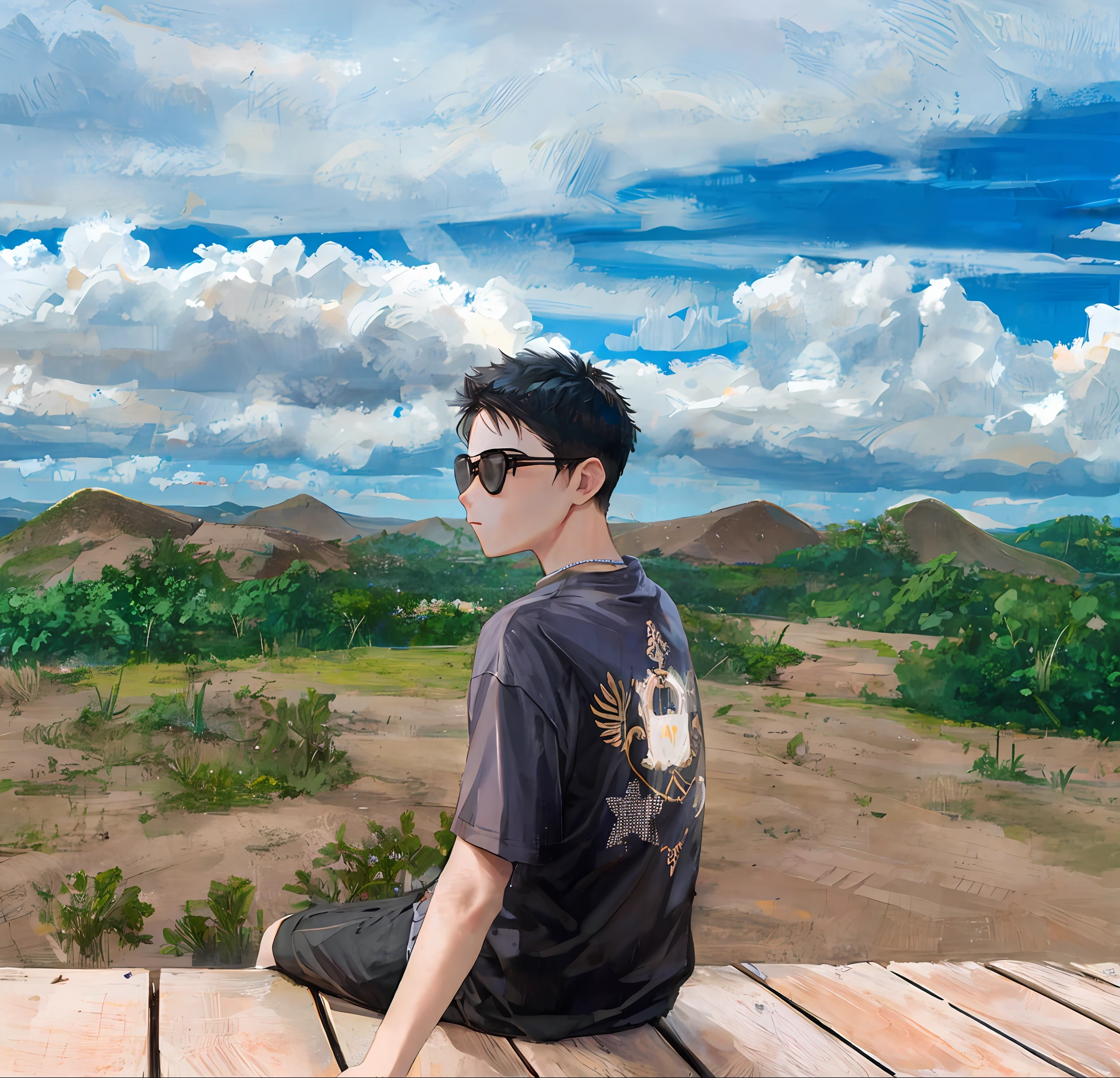 Blue sky,Heart-shaped clouds,A boy is looking into the distance