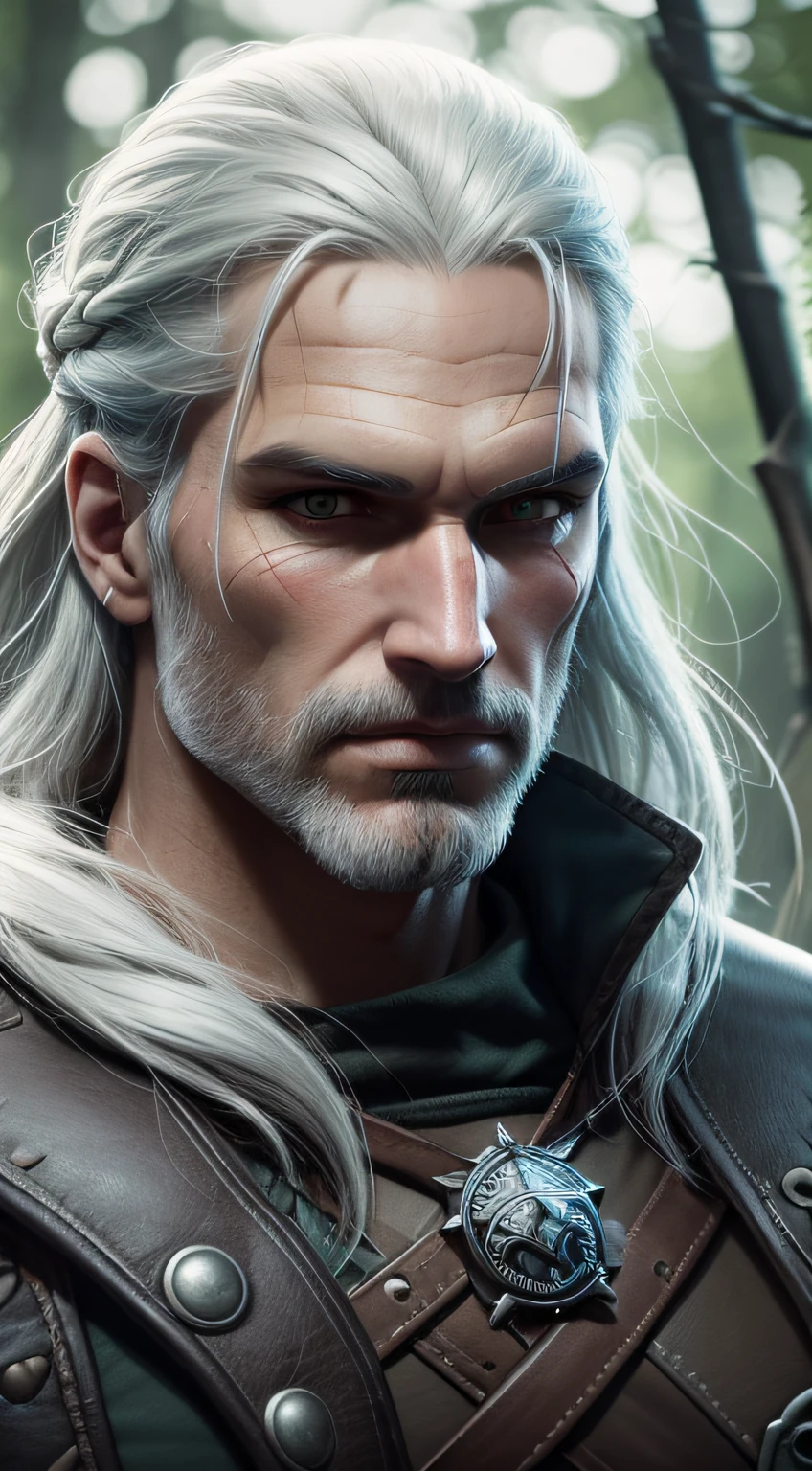 Geralt de Rivia, a hunter of legendary monsters, is in a forest and dense. Sunlight shines through the treetops, criando raios de luz que iluminam o caminho de Geralt. He's wearing his iconic ((armadura de couro preto))., decked out with metal details and insignia from his guild. Her long white hair is stuck in a braid, ((barba curta)) enquanto seus olhos amarelos mostram a espiritualidade de um verdadeiro Witcher. The atmosphere is tense and dangerous, conveying the feeling that a confrontation is about to happen. illustration, Estilo realista, using shading and texturing techniques, --AR 16:9 --V 5.