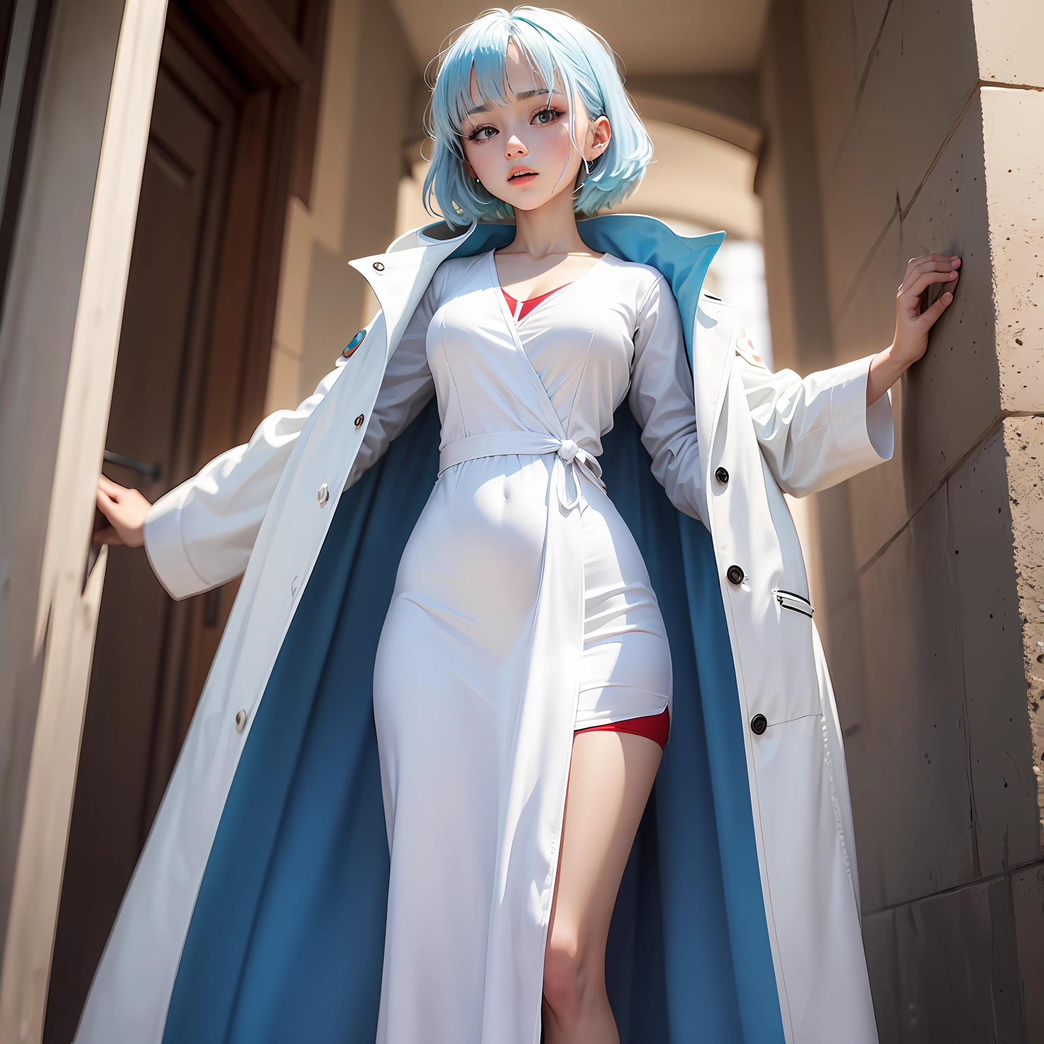 white coats,white skinned,White dress,blue hair,Red-eyed girl --auto