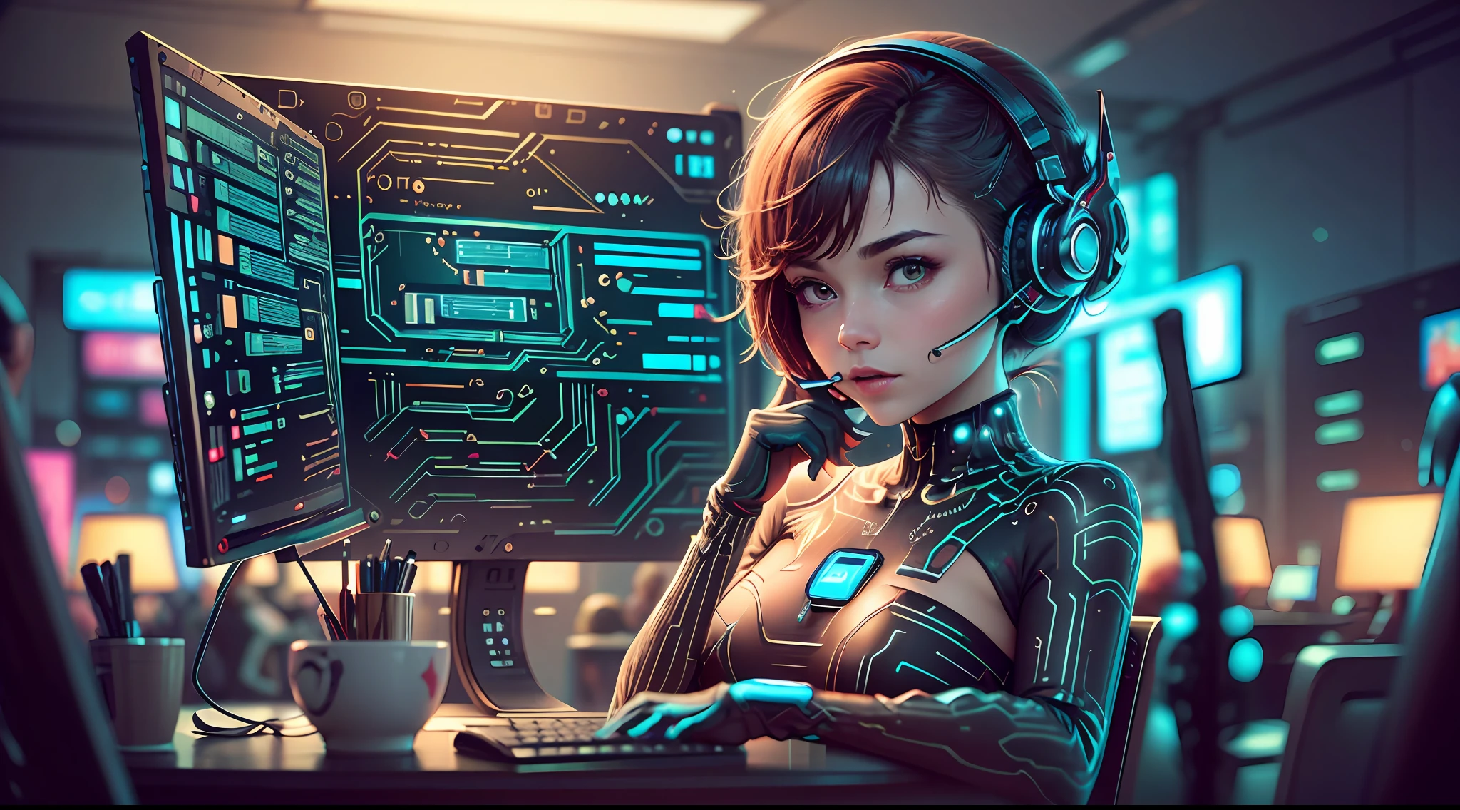 Call center wearing a headset, Rostran 8 K, call center office, cute little woman with small breasts with a little round face working in call center, man with android hands and feet is calling, KPI dashboard is displayed, Rostran and WLOP, futuristic city beyond the window, transparent futuristic table, transparent paso, Cyberpunk Style, Rostran Style, Worksafe