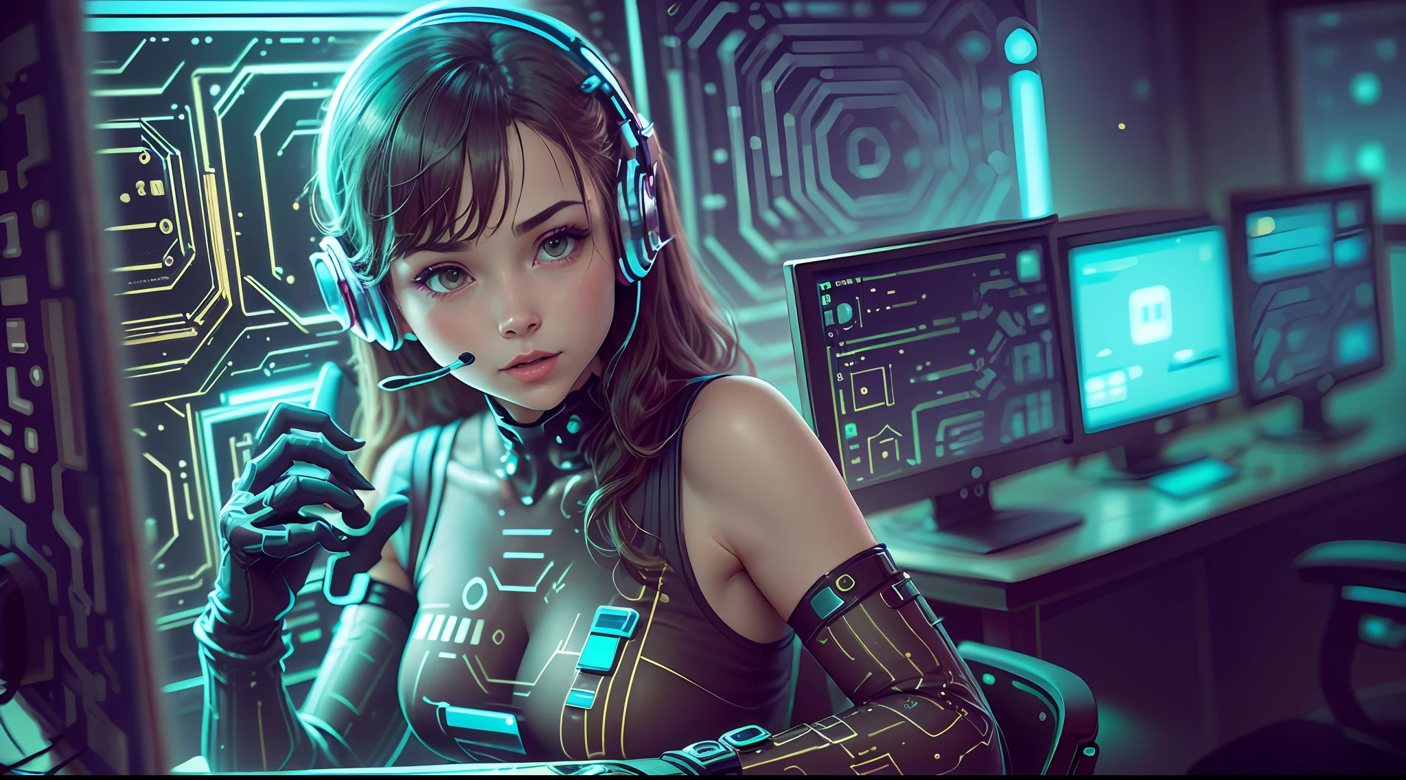 Call center wearing a headset, Rostran 8 K, call center office, cute little woman with small breasts with a little round face working in call center, man with android hands and feet is calling, KPI dashboard is displayed, Rostran and WLOP, futuristic city beyond the window, transparent futuristic table, transparent paso, Cyberpunk Style, Rostran Style, Worksafe