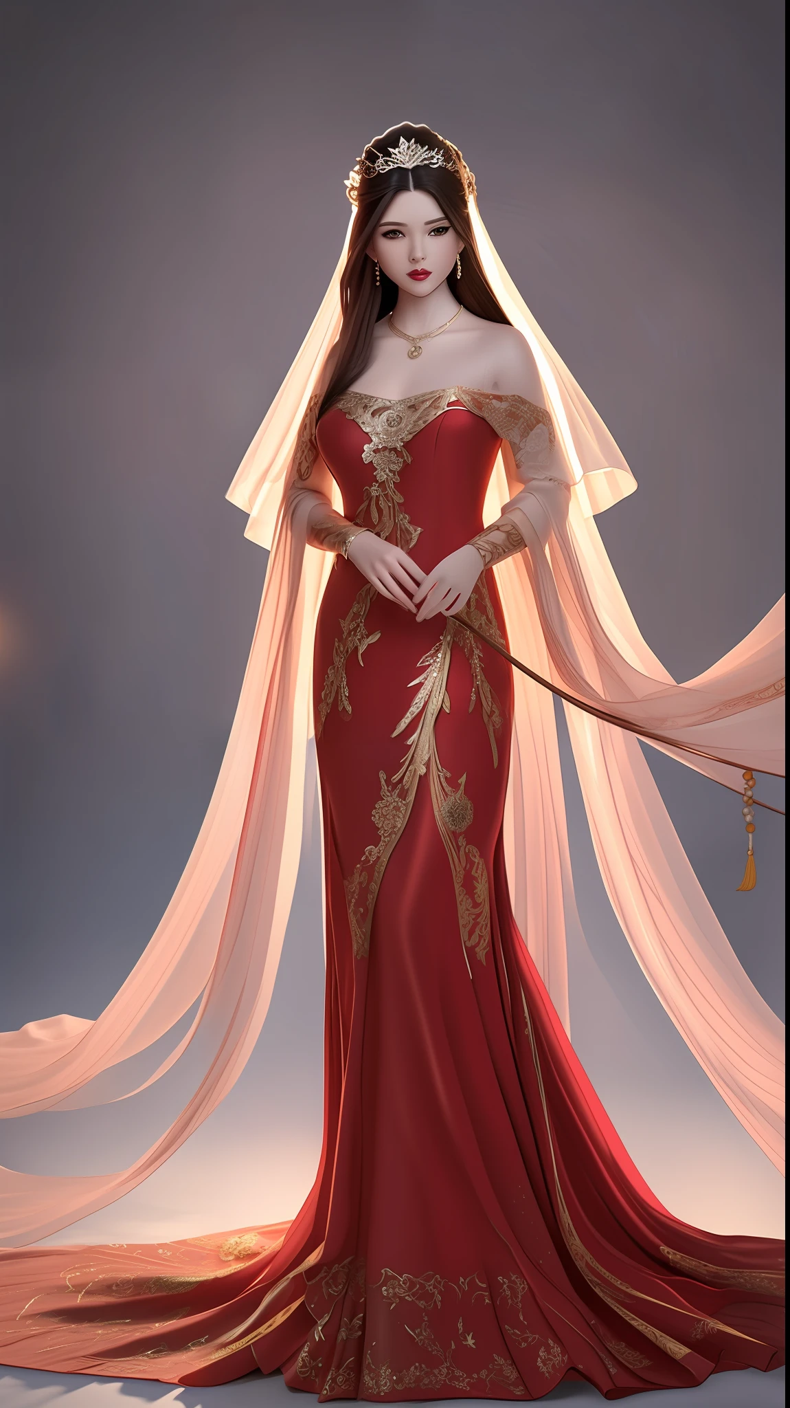 A dress,silk, folds, paper-cut patterns, gold thread embroidery, beads, cloak, standing collar.A dress, --ar 9:16 --q 1 --s 750 --v 5.2