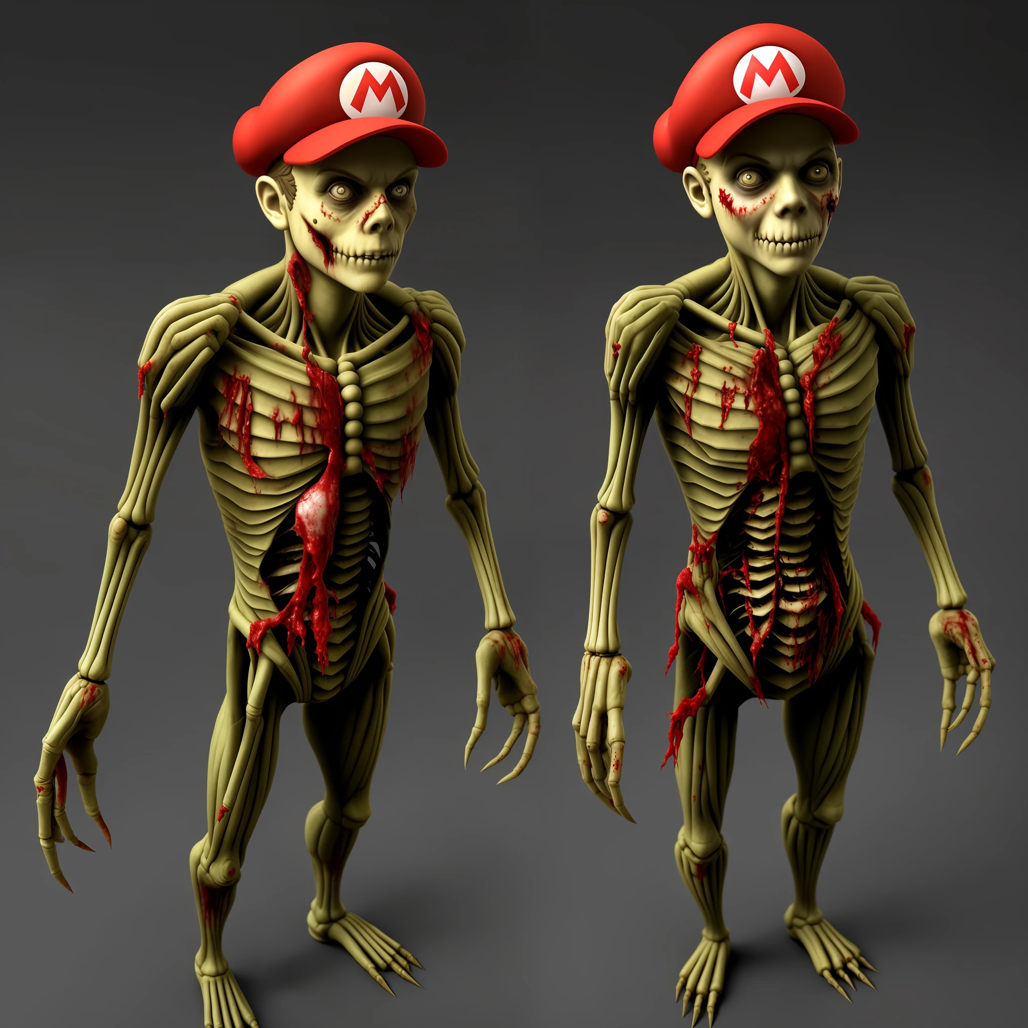 photorealistic Mario Zombie from Resident Evil, long spindly arms, short legs, mario hat, bloody