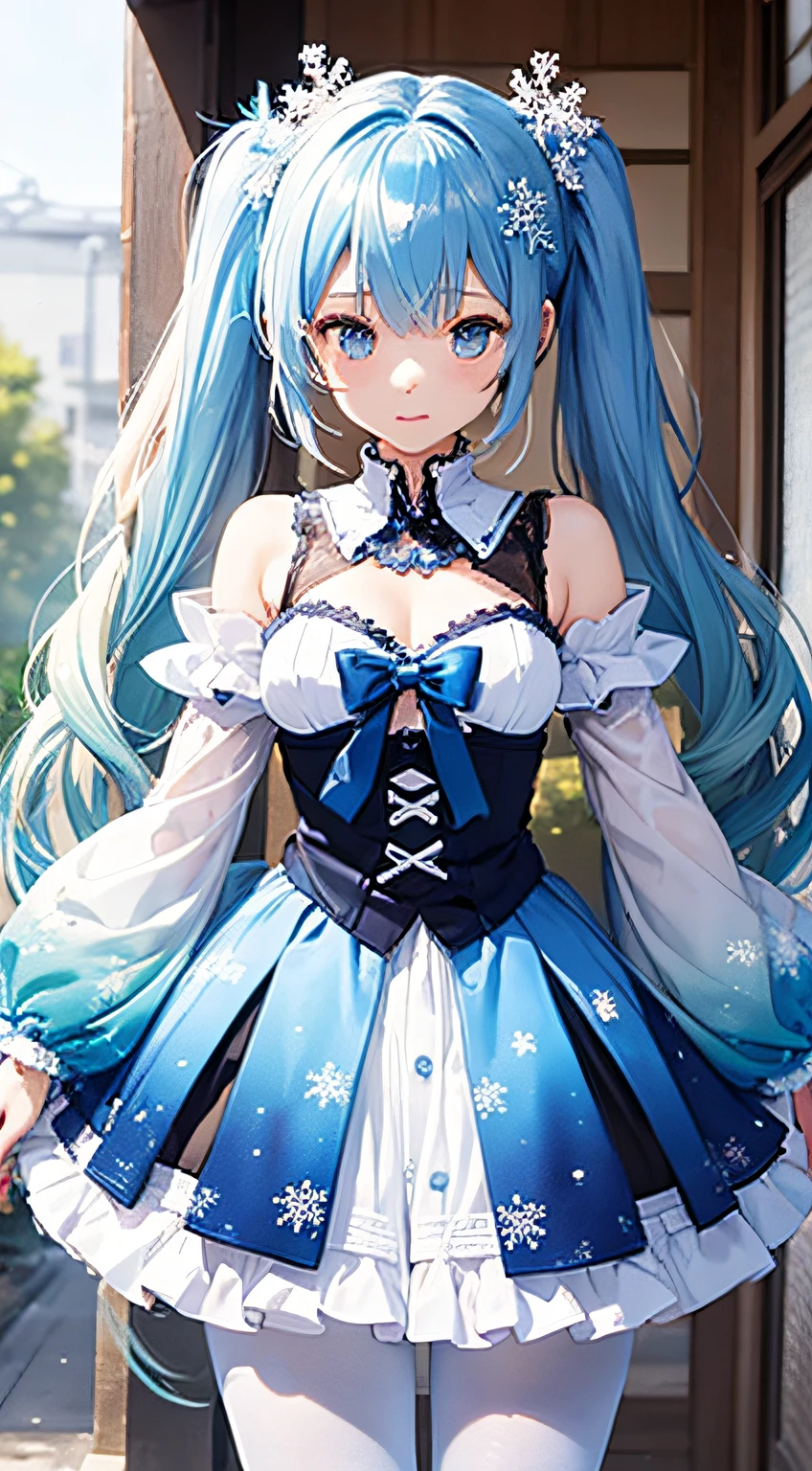 1girl, solo, Yuki Miku, long hair, twintails, (blue hair:1.2), (white hair:1.1), light blue hair, (((gradient_hair))), blue eyes, snowflake_print, snowflake_hair_ornament, detached sleeves, puffy sleeves,musical note hair ornament, frills, blue dress, white pantyhose, Japanese clothes,