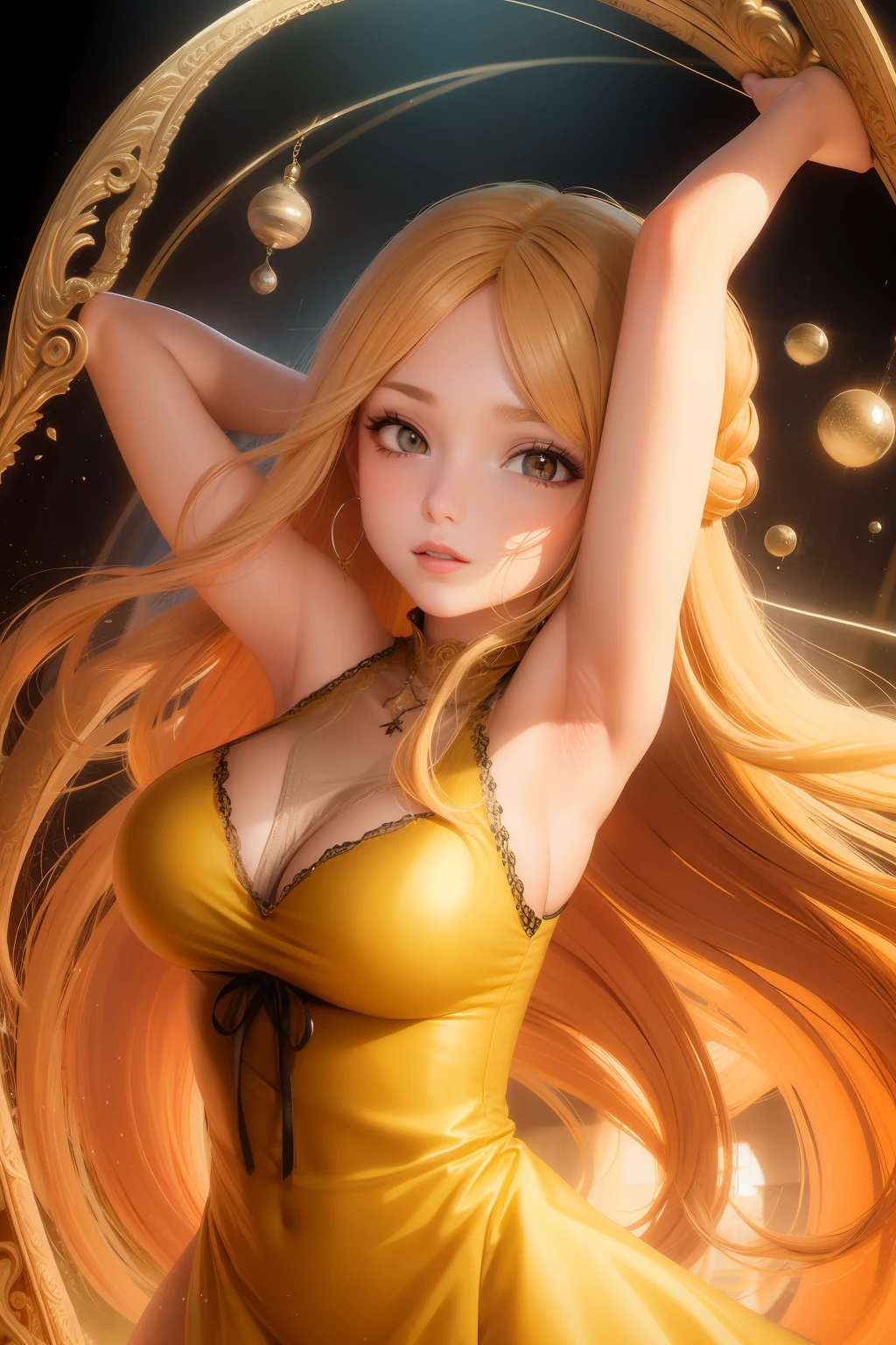 Yellow long-haired woman with big breasts and black silk