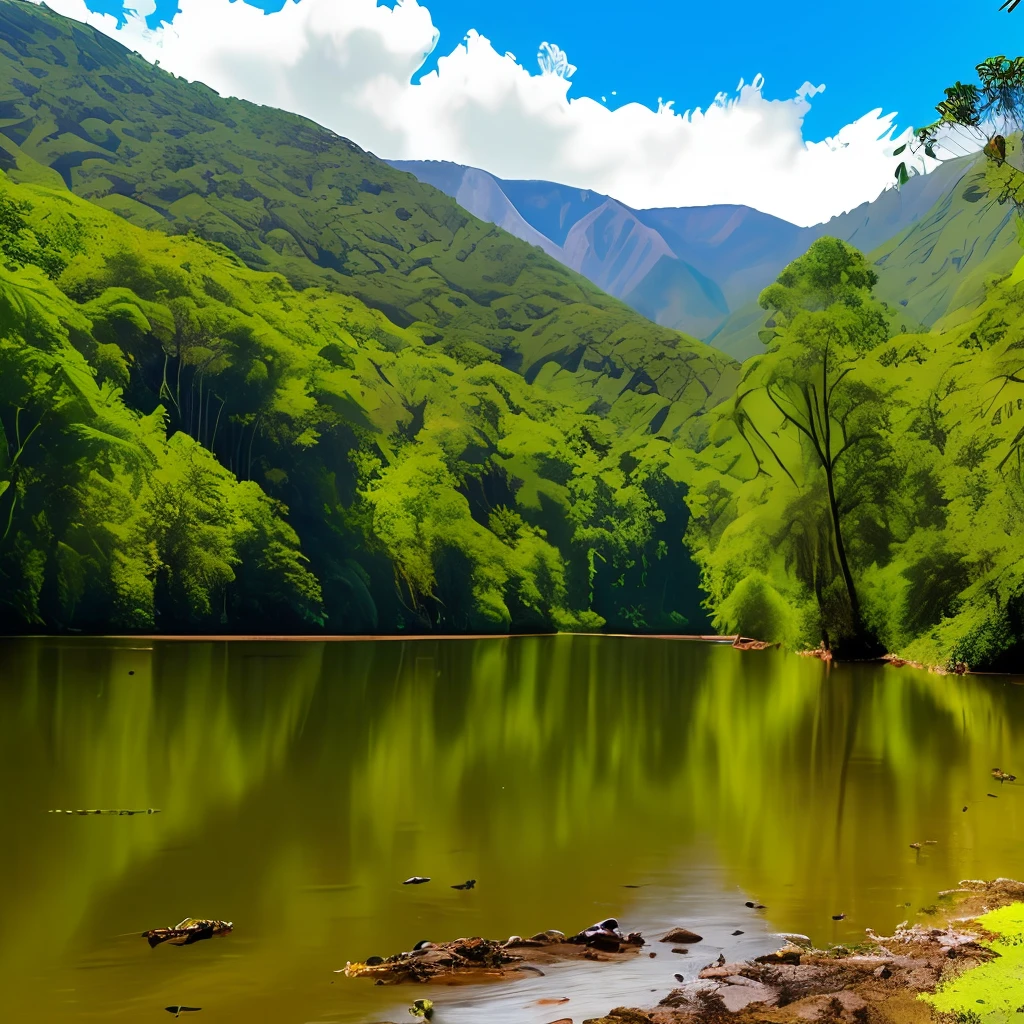 Uma floresta rica em detalhes, com animais, lago, maximum detail -- Full size -- HDR cam -- maximum quality, obra de arte