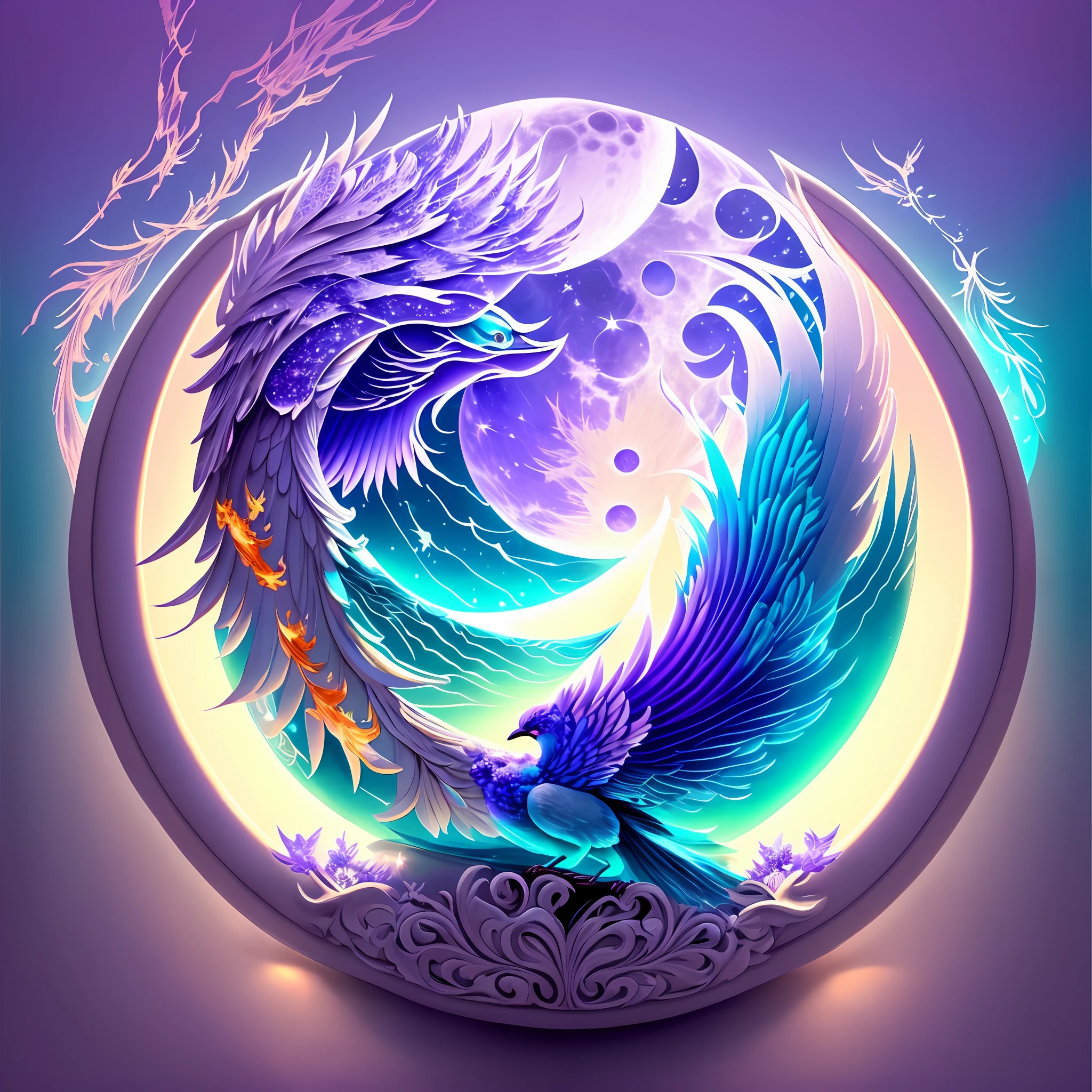 Two D one cyan,The glazed moon has a phoenix shaped like a phoenix,Purple bird,Have bright eyes。beautiful picture,Delicate colors,It's like a fantasy --auto