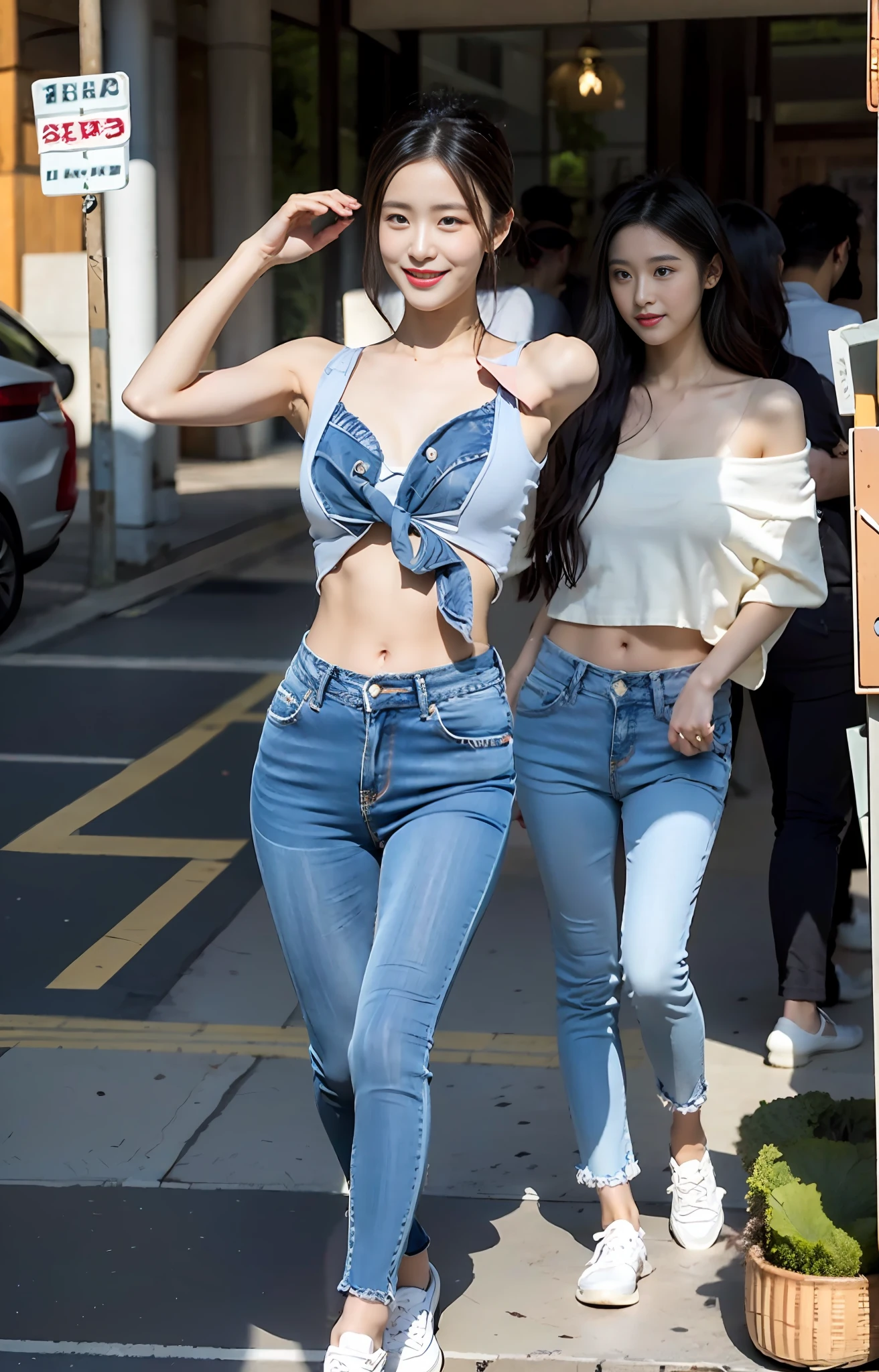 Street photo of a jeans girl shopping alone,wide wide shot,fully body photo,tmasterpiece,fashionable and trendy: beautiful and charming woman,gentle and lovely Chinese beautiful woman,Goddess of the East,delicate and sexy collarbones,Charming goose egg face,二重まぶた,flexible peach blossom eyes,Pink lips,Small upturned nose,Smile with dimples,Smile sweetly,exposed bare shoulders,focus face,closeup of face,hyper HD,Hyper-detailing,Perfect chest and bulge,Narrow buttocks:1.2,Petite and skinny beauty,Slim thighs and calves,Fair toes,fully body photo,Loose black loose top ultra-thin translucent:1.0,Team it with these high-end label's white skinny jeans:1.5,Soft light color with fair and beautiful skin, Outstanding temperament,stocklings,ssee-through,Colorful canvas shoes:1.2,wide wide shot,fully body photo:1.8,The posture is diverse,Sweet, playful and pure:1.2,Clear armpits,Stylish headbands tied in hair:1.2