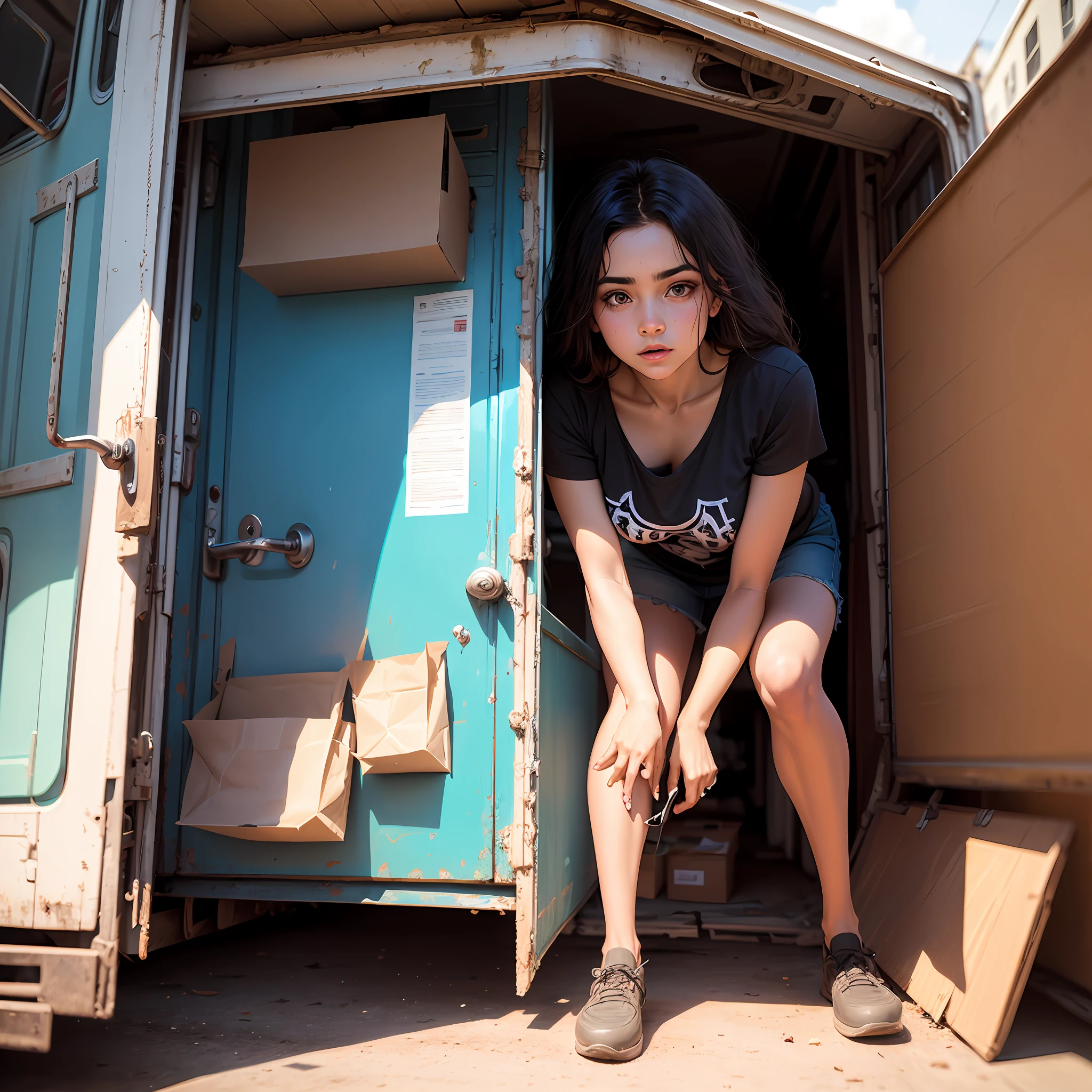 Menina loira, de olho azul, next to a moving truck --auto