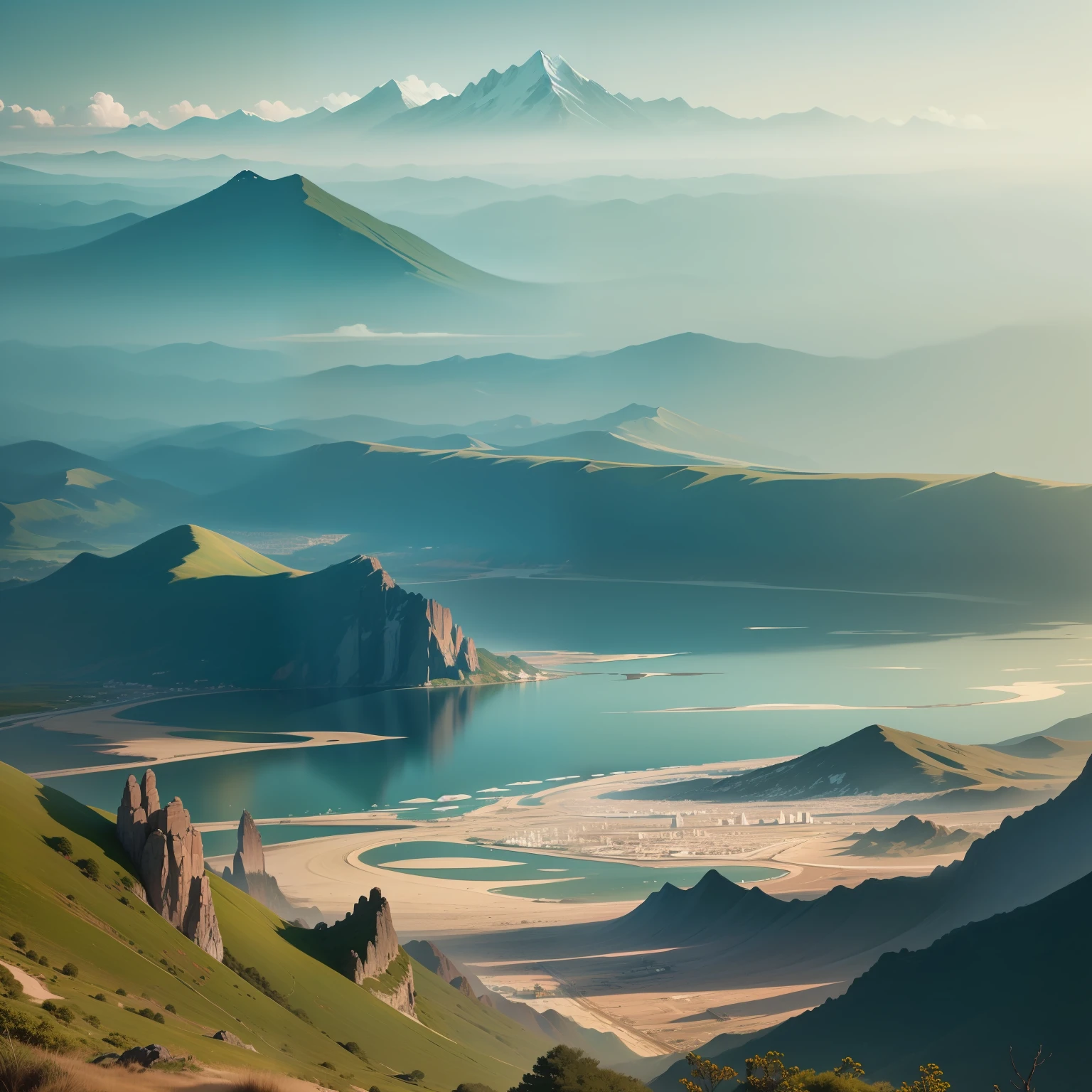 (Scenery scroll),(The picture is delicate),(Wide sea view),(Mountains in the distance)。