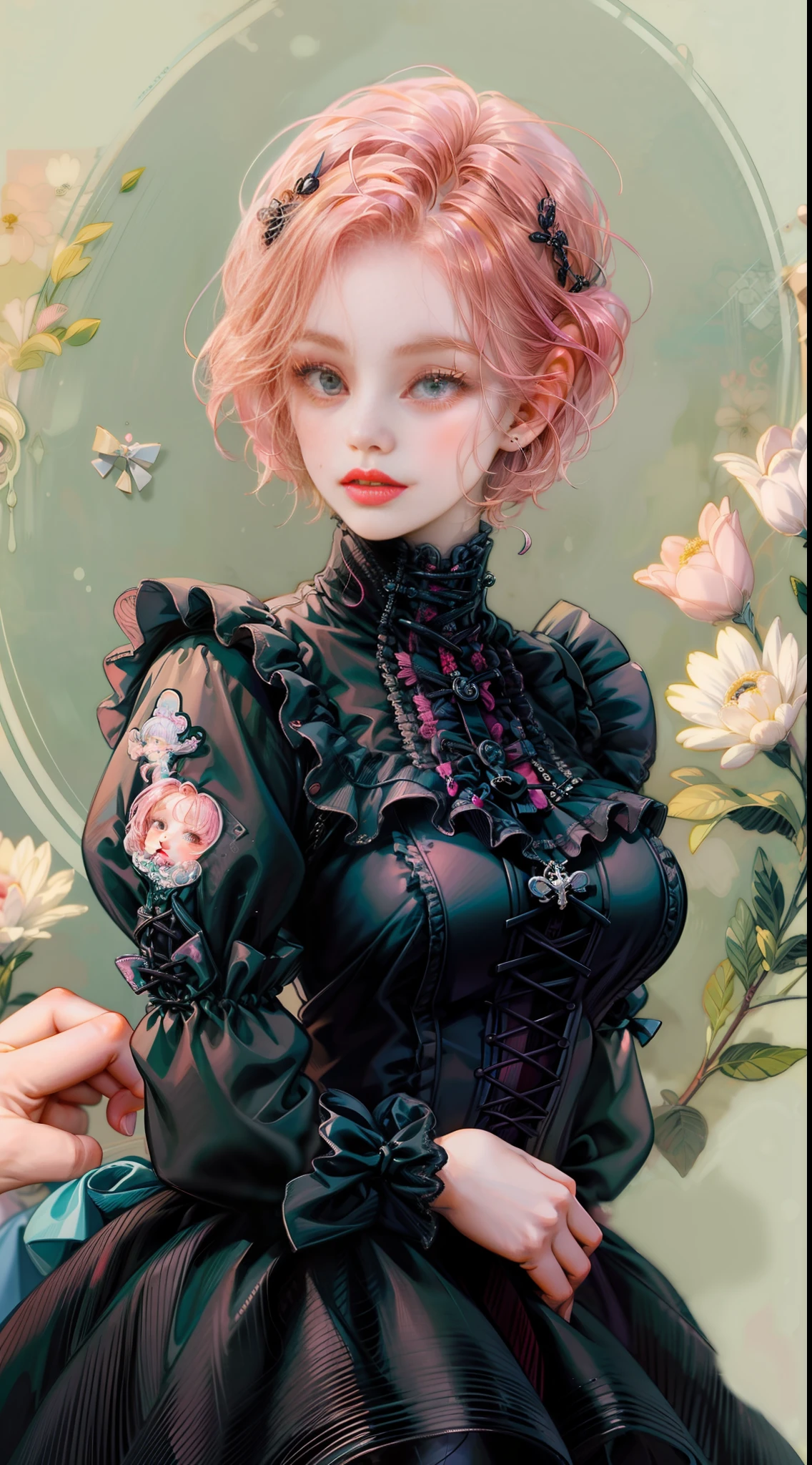 anime girl with pink hair and black clothes with various stickers, lovely art style, gloomy style, pastel goth aesthetic, urban girl fanart, pastel goth, Cute anime style, dressed in punk clothing, decora inspired illustrations, Anime style illustration, cute artwork, style anime, Cute cartoon style, Wearing!!! clothes!!!, pink and black, Kawaii style, my dress up darling anime