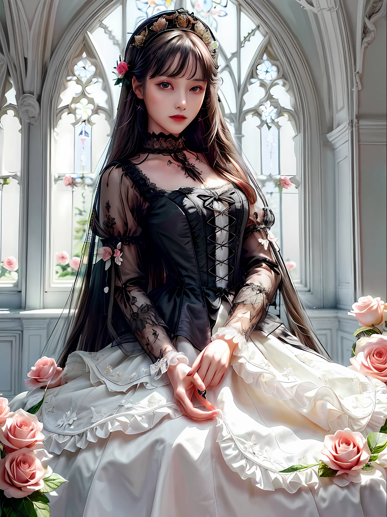 Wearing a black dress，An Arad woman with a chain around her neck, black gothic ta dress, fashionable dark witch, gothic maiden anime girl, dark gothic dress, dark fantasy style, Gothic aesthetics, Anime girl wearing black dress, Elegant Gothic princess, Gothic dress, wearing a gothic dress, cruel korean goth girl, wearing modern gothic clothes, gothic clothing