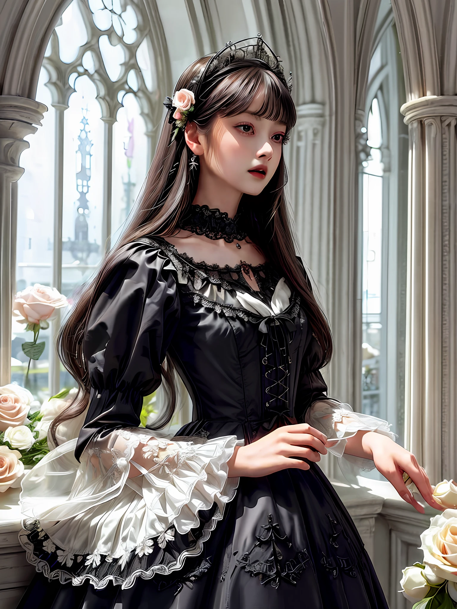 Wearing a black dress,An Arad woman with a chain around her neck, black gothic lolita dress, fashionable dark witch, gothic maiden anime girl, dark gothic dress, dark fantasy style, Gothic aesthetics, Anime girl wearing black dress, Elegant Gothic princess, Gothic dress, wearing a gothic dress, cruel korean goth girl, wearing modern gothic clothes, gothic clothing