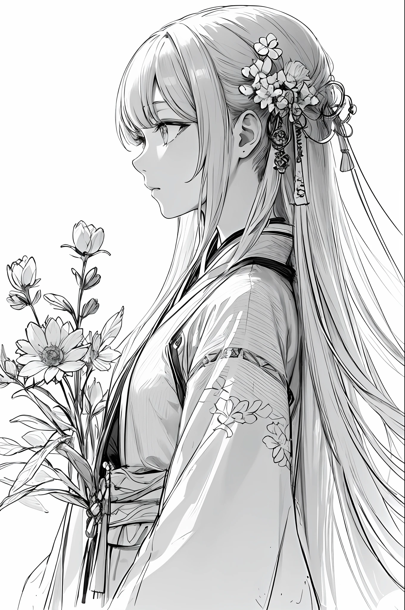 masterpiece, acura, 1girl, solo, hanfu, long hair, profile close-up, flower line drawing background, white background, monochrome, line drawing, ((sketch))