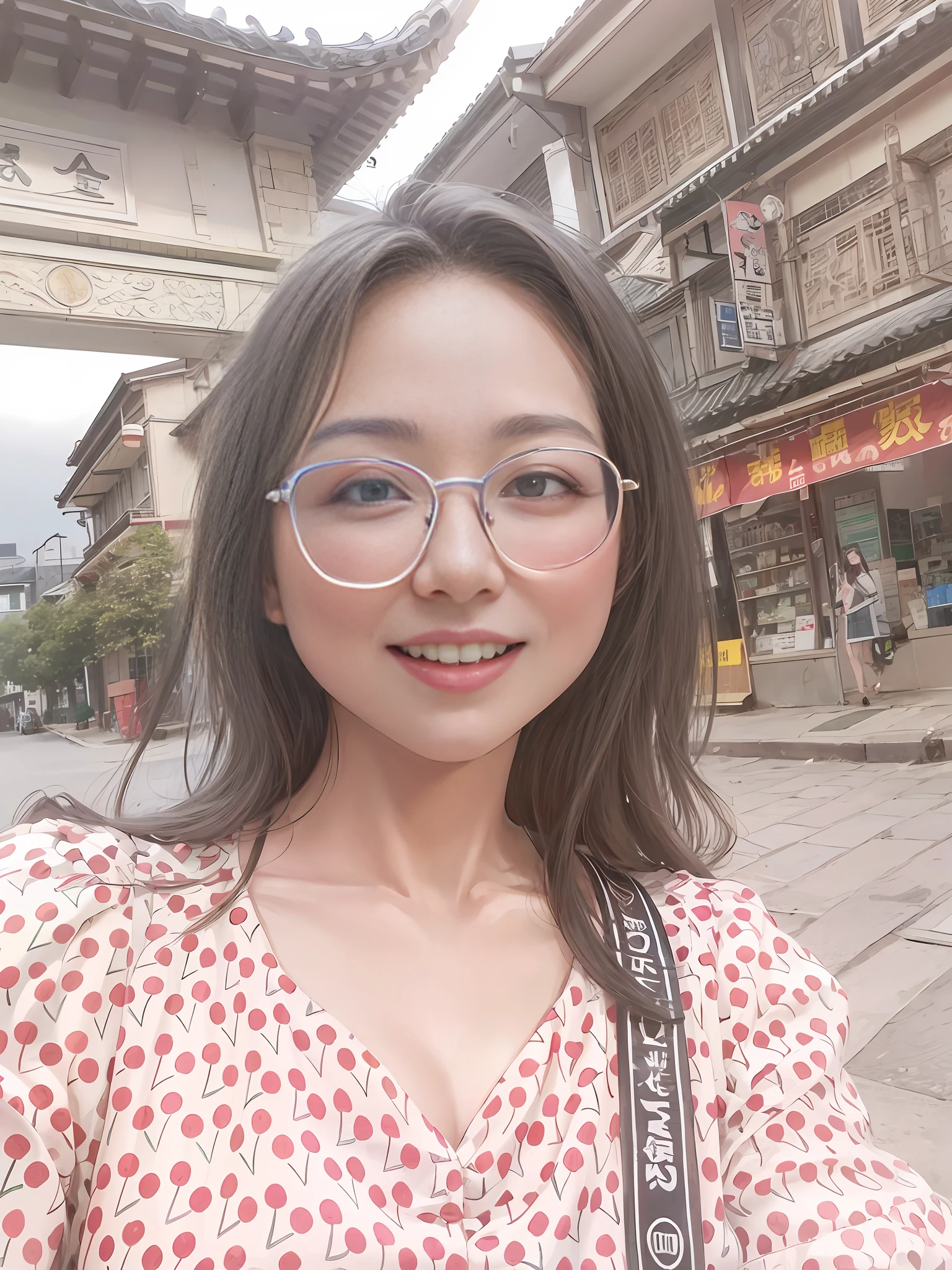 arafed woman wearing glasses and a polka dot dress standing in front of a building, 8k selfie photograph, wearing thin large round glasses, xintong chen, Li Zixin, wenfei ye, wearing small round glasses, zeng fanzh, yanjun cheng, chengyou liu, 2 8 , pengzhen zhang, jinyiwei, With glasses