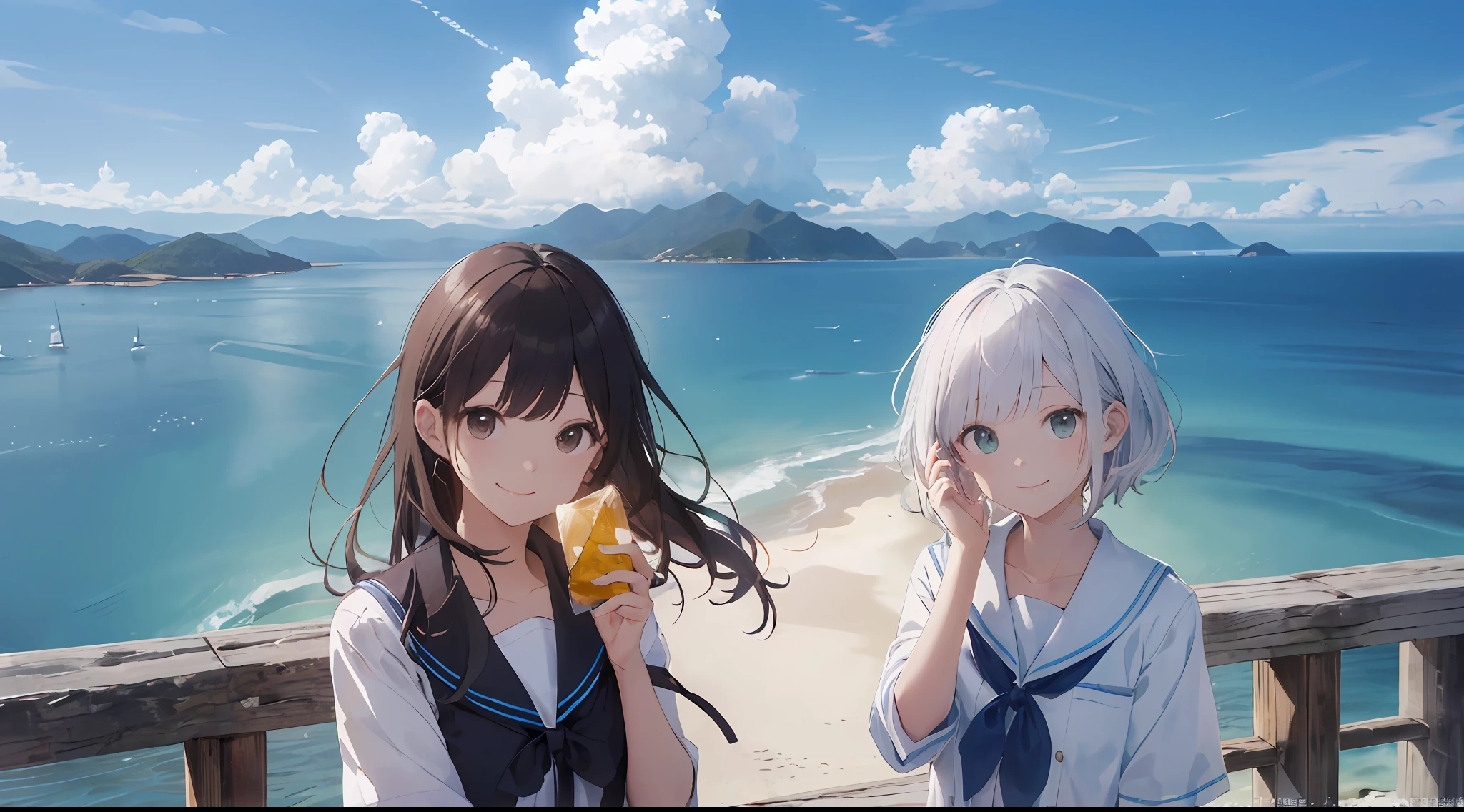 (finely best quality:1.5)、(ultra-detailliert:1.5)、(Highest Quality Photos:1.5)、Beautiful Girl High School Girl、a very cute、Crystal clear white skin、Beautiful sea、The ocean as far as the eye can see、Summer sky、Into the cloud、beach、1 persons、Staring at the clouds、Radiant smile、Islands in the Seto Inland Sea、Nostalgia hobby、nostalgia、