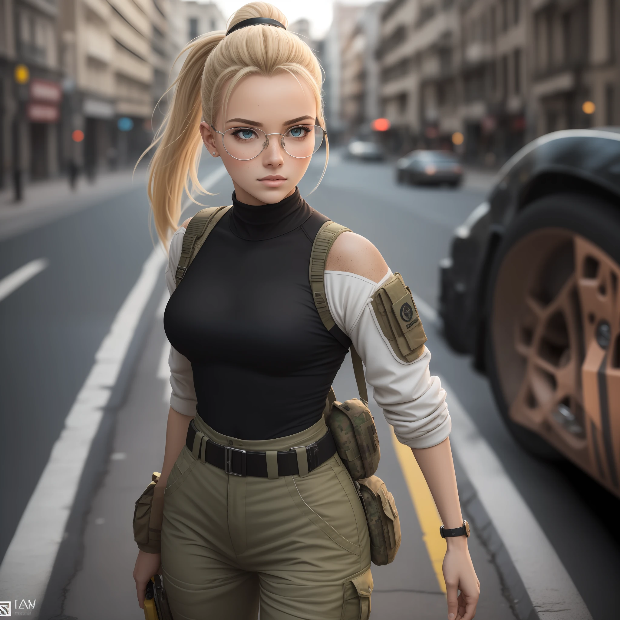 Cammy branco (Lutador de rua), olhos cinzas, cabelo blondie cinza ponytail, pale skin and freckles, soft and beautiful lips, Aviator glasses with yellow transparent lenses, wearing tactical black baselayer, military office pants, coturno preto tratorado, portando um fuzil de assalto M4A1, Preparando-se para atacar e emboscar, ruas de Moscou em guerra. Noite sob luz das ruas. Luz Natural, poor lighting, fotorrealista, disco Rigido, 8k, obra prima, hard driveR, ...RAW, Olhando, Aerial focus, Canon EOS R5, mola a 50mm |, F/2.8, HDR,