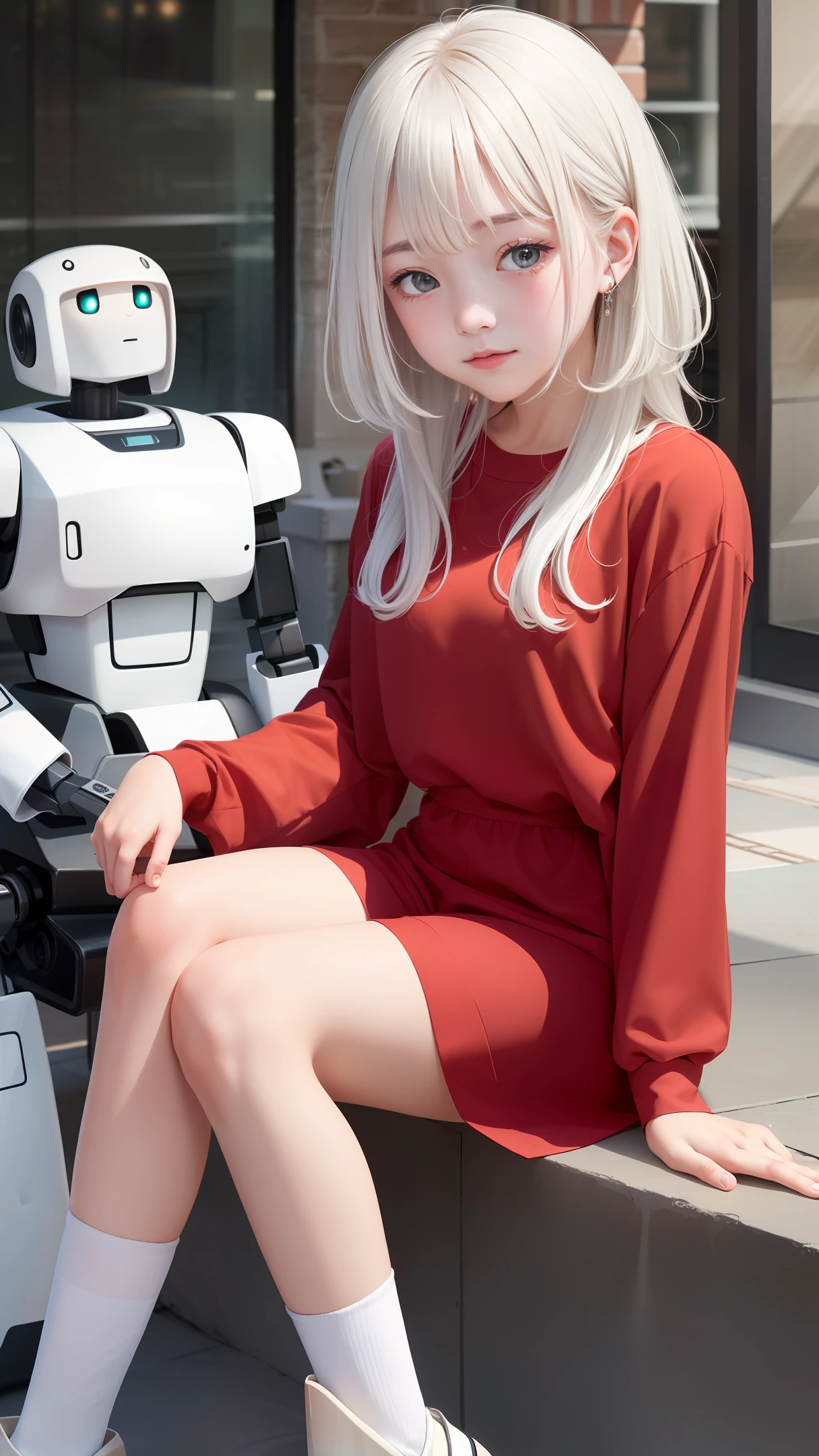 A in red clothes and white hair,Sit on the arm of a robot