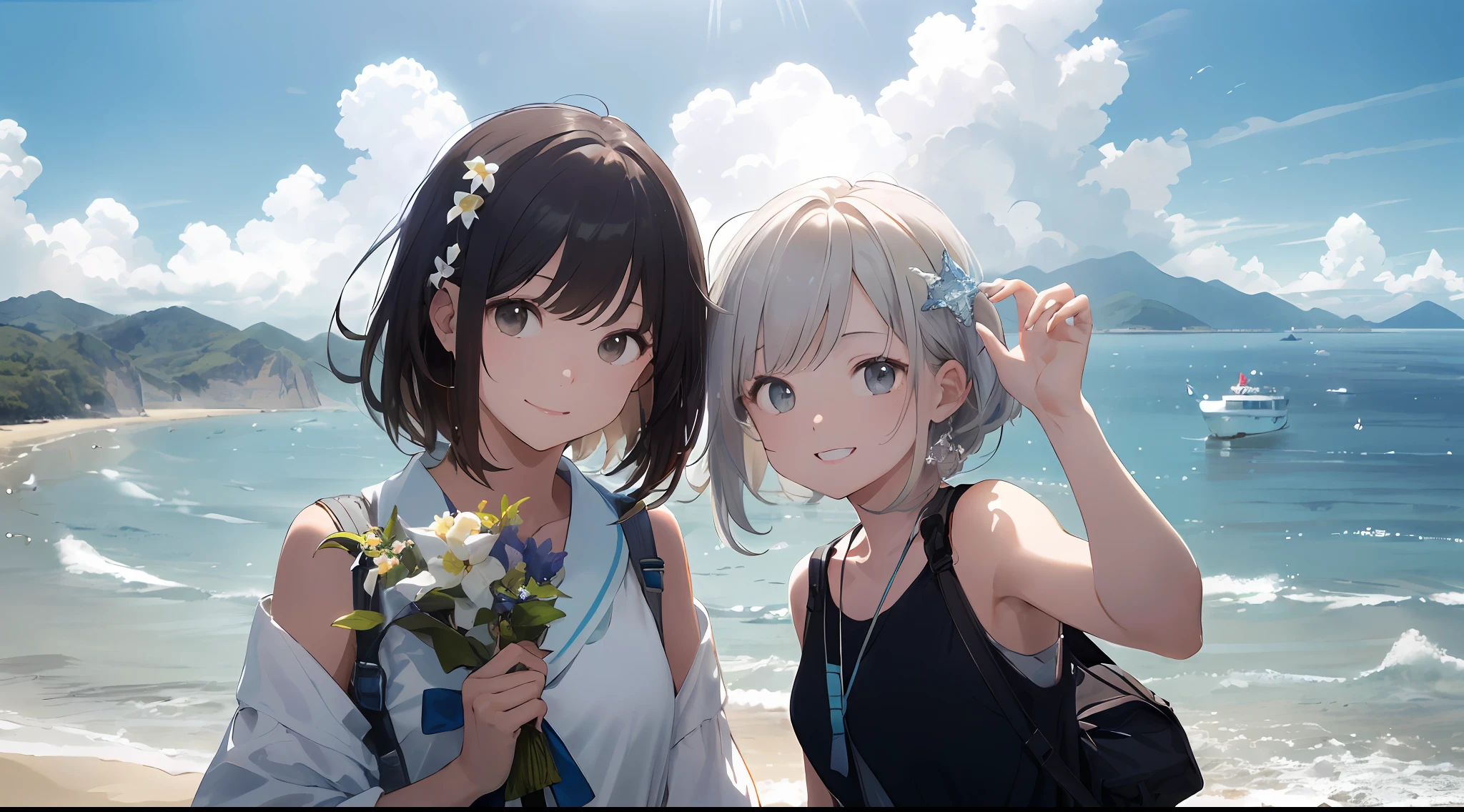 (finely best quality:1.5)、(ultra-detailliert:1.5)、(Highest Quality Photos:1.5)、Beautiful Girl High School Girl、a very cute、Crystal clear white skin、Beautiful sea、The ocean as far as the eye can see、Summer sky、Into the cloud、beach、1 persons、Staring at the clouds、Radiant smile、Islands in the Seto Inland Sea、Nostalgia hobby、nostalgia、