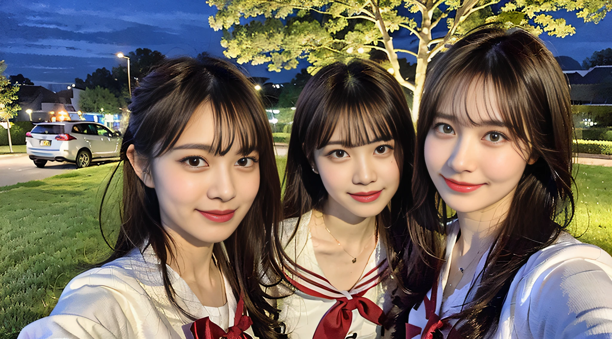(8K,Raw photo、Raw photo、finely best quality、Master masterpiece:1.2)、ultra-detailliert、Super Resolution、(Hphotorealistic:1.5)、high resolution RAW color photos、professional photograpy、（Very beautiful and detailed night tree-lined avenue 1:1.37）((A beautiful moonlit night))、fullmoon、Very detailed and beautiful、Ultra-high image quality、Half-up hairstyle、Bun hair、poneyTail、High school girl in sailor suit、（Puffy cheeks）Detailed uniforms、Each face has its own distinctive features、Different face patterns、Farbe々Hairstyle、Brown hair fluttering in the night breeze、Hair swaying and sexy、Very detailed beautiful girl、（Pink Eye Shadow）、Red tie、Puffing up face、Pouting、Puffy face、He looks at me with his face puffed up.、Burikko、Buriko Pose