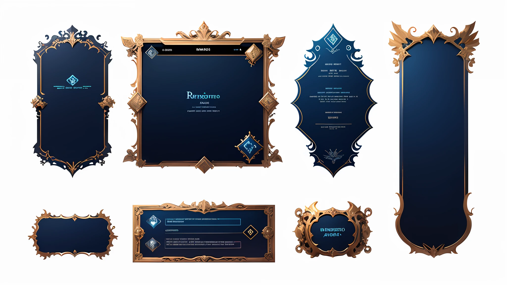 a set of four different blue and gold frames with a gold border, ornate borders + concept art, game overlay, regal dark blue clothes, game asset, ornate borders, game ui asset design, game assets, game icon asset, blue border, stylized border, game hud, game asset sheet, ui intricate, 2d game asset, art deco borders