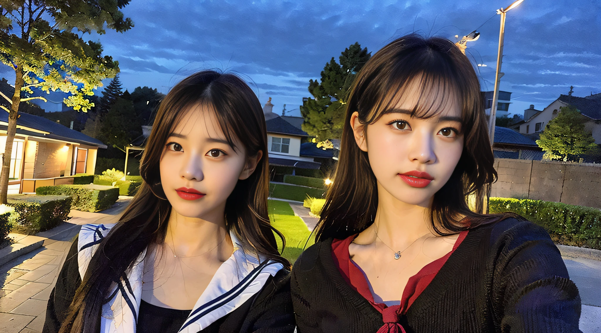 (8K,Raw photo、Raw photo、finely best quality、Master masterpiece:1.2)、ultra-detailliert、Super Resolution、(Hphotorealistic:1.5)、high resolution RAW color photos、professional photograpy、(Very beautiful and detailed night tree-lined avenue 1:1.37)((A beautiful moonlit night))、fullmoon、Very detailed and beautiful、Ultra-high image quality、Half-up hairstyle、Bun hair、poneyTail、High school girl in sailor suit、(Puffy cheeks)Detailed uniforms、Each face has its own distinctive features、Different face patterns、Farbe々Hairstyle、Brown hair fluttering in the night breeze、Hair swaying and sexy、Very detailed beautiful girl、(Pink Eye Shadow)、Red tie、Puffing up face、Pouting、Puffy face、He looks at me with his face puffed up.、Burikko、Buriko Pose