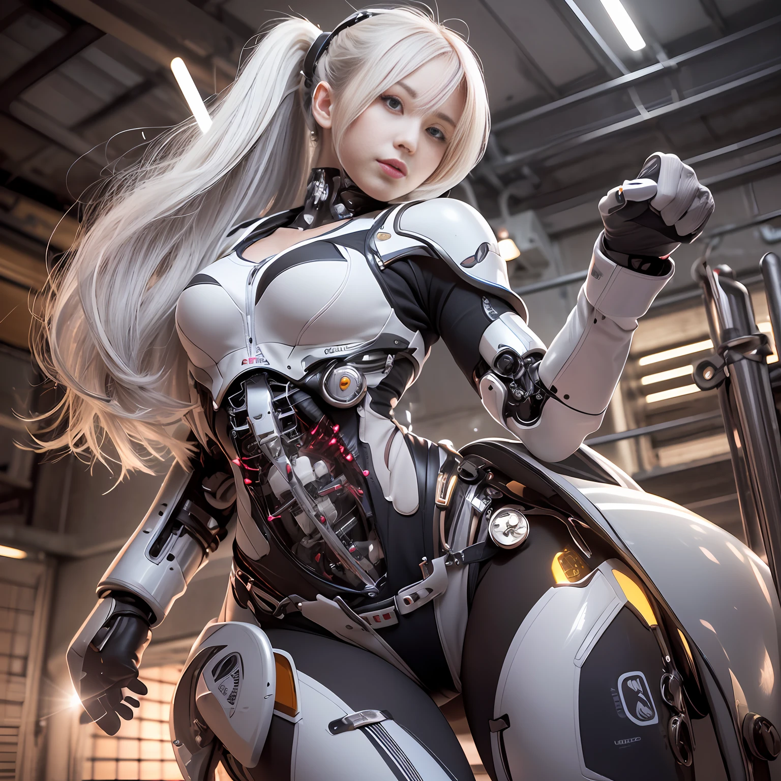 Beautiful Face,face is Japan, 1 Woman, Big, Curvaceous, (16k, RAW photo, top quality, masterpiece: 1.2), (HDR, Realistic, Photorealistic: 1.37) (tube attached to the body), (Bikini Cyborg robot parts)))), (light gray hair), Long hair, Wavy hair, Twin tails, Medium shot, ( Seductive smile)), (black eyes), double eyelids, princess cut, from below, (whole body),posing,,in the lab,( tube connected to blood vessel),((mechanical vertebrae attached to the back)),((mechanical neck attached to the neck)),(wire and cable attached to head and body),(character focus),science fiction,perfect female figure,perfect anatomy, hyperanatomy, full body shot, relationship between up to 4 fingers and 1 thumb, spherical joint,
