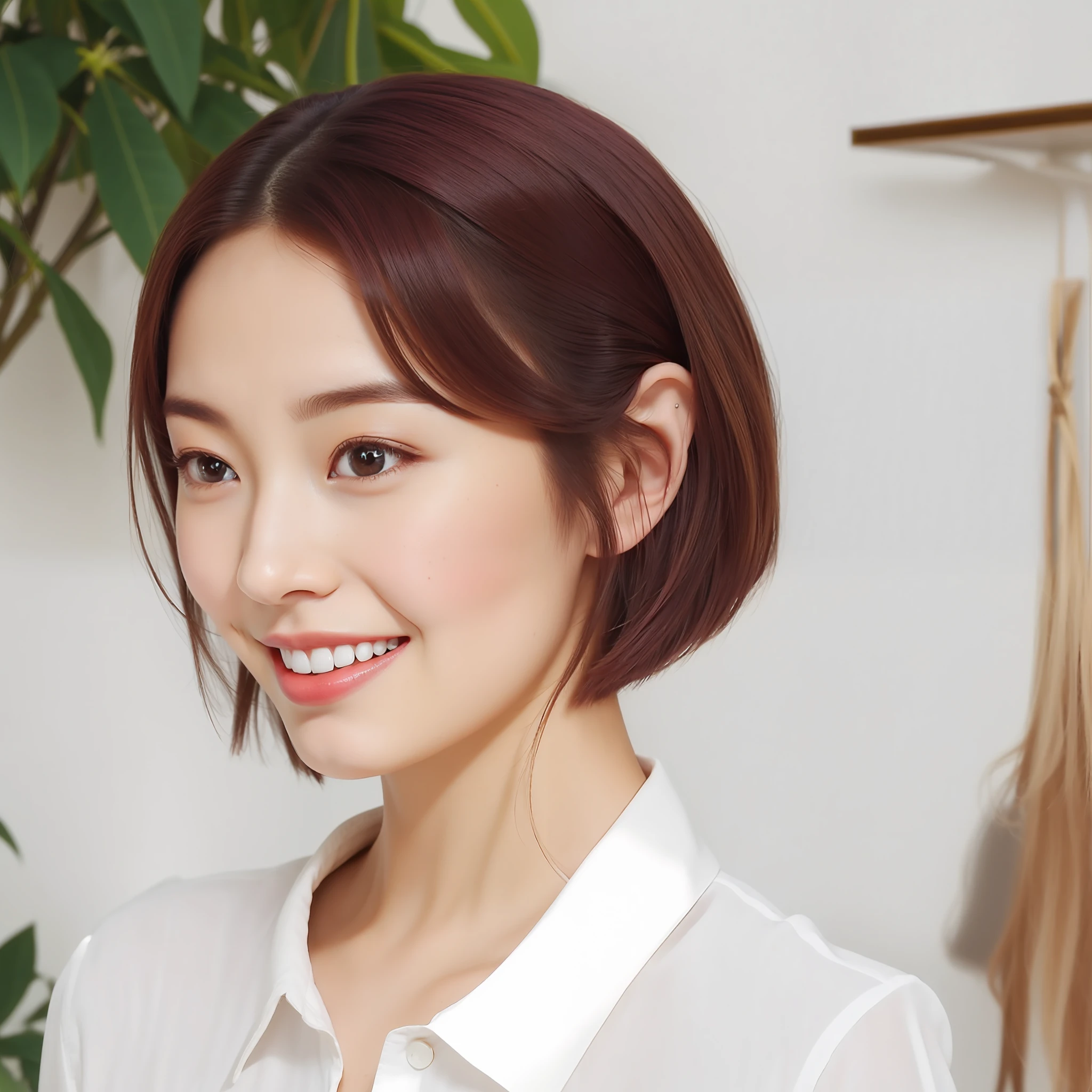 there is a woman that is smiling and posing for a picture, Young adorable Korean face, Beautiful young Korean woman, Gorgeous young Korean woman, korean symmetrical face, beautiful Korean women, Korean Woman, lee ji - eun, lee ji-eun, shin min jeong, female actress from korea, dilraba dilmurat, korean face features,Short hairstyle、Short-cut hairstyles、Straight hairstyle、Maroon hair