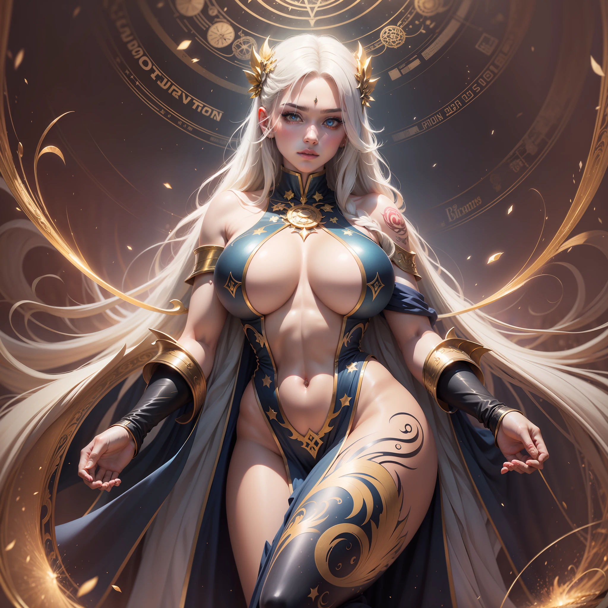 Solo, High resolution, Highest Quality, ultra-quality, Super Detail, A hyper-realistic, Photorealistic, Anime, Illustration, Fantasy, Northern Renaissance style, super beautiful goddess, Mysterious, Enchanting, sharp slit gold eyes, flowing layered side braided white hair, Tattoos, Huge breasts, under the boobs, Abs, muscular body, perfectly proportions, Full body, background galaxy, Magic Circle, Kaleidoscope, rainbow and gold neon light many lines