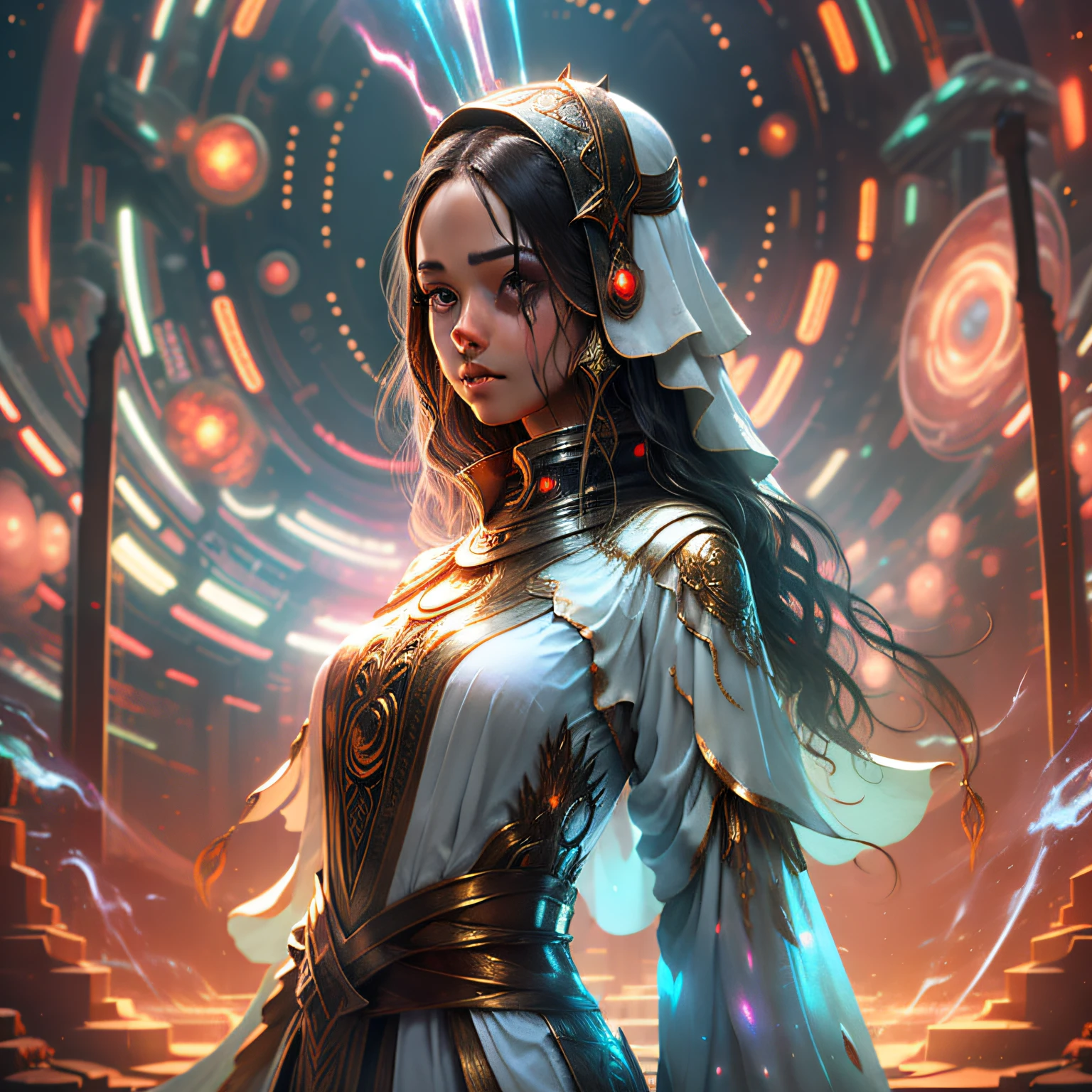 Uma imagem com uma feiticeira espacial cativante em uma roupa futurista encantadora, conjuring cosmic magic amidst distant stars and galaxies. A cena combina sensualidade com misticismo sobrenatural, creating a seductive and mesmerizing presence.
