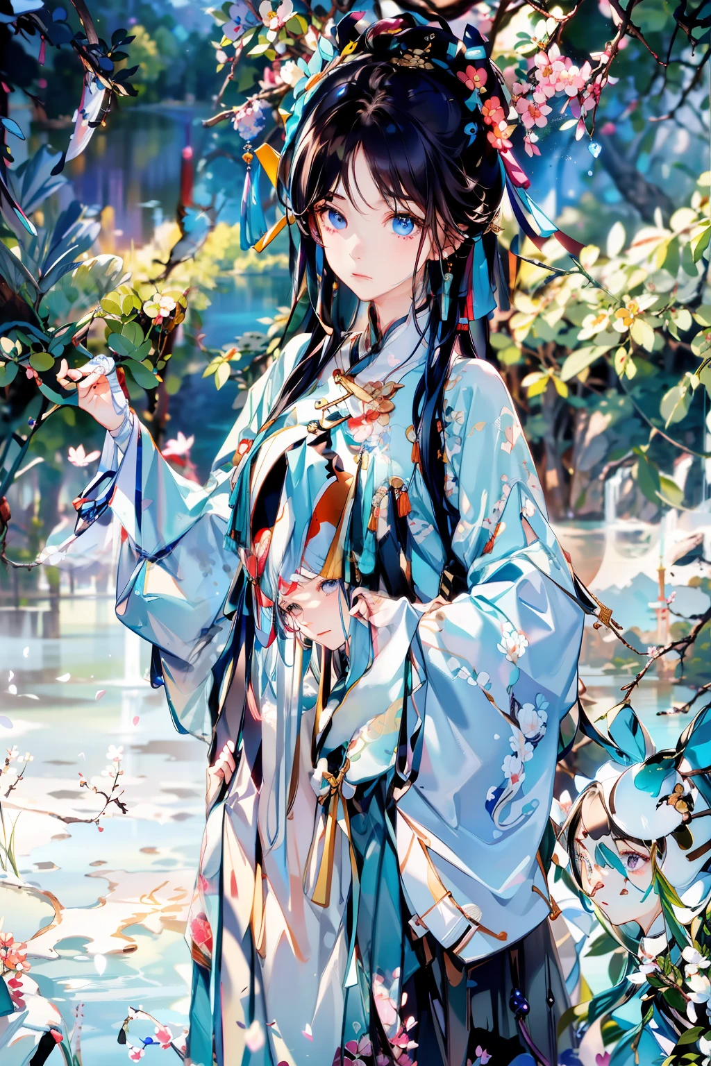 realperson（1.4） The big-breasted girl was wrapped in bandages and had no wounds，Standing by the lake, the moon is printed on the surface of the lake，There are willow trees on the side，People do Xizi holding hearts，There was anticipation in his expression。