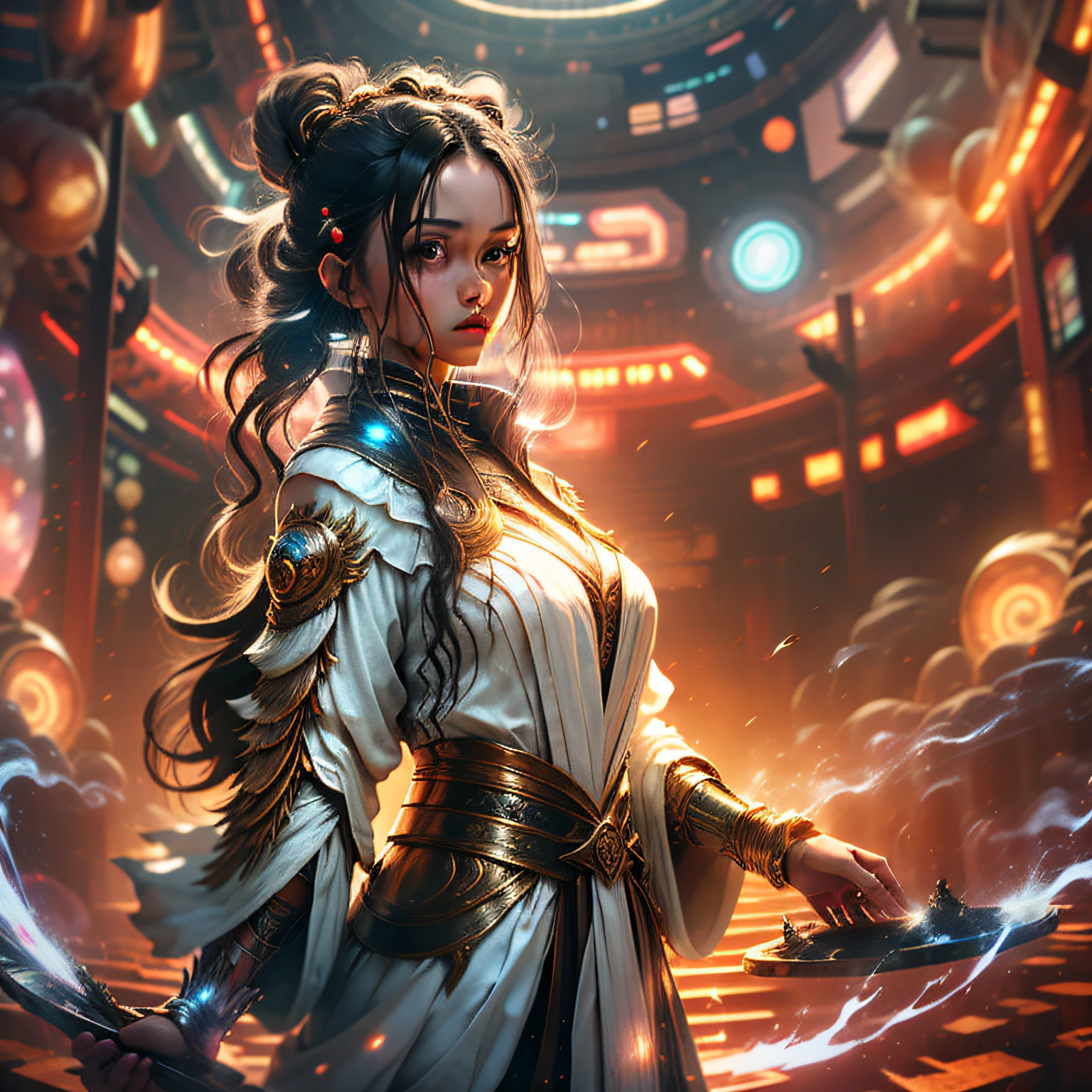 Uma imagem com uma feiticeira espacial cativante em uma roupa futurista encantadora, conjuring cosmic magic amidst distant stars and galaxies. A cena combina sensualidade com misticismo sobrenatural, creating a seductive and mesmerizing presence.