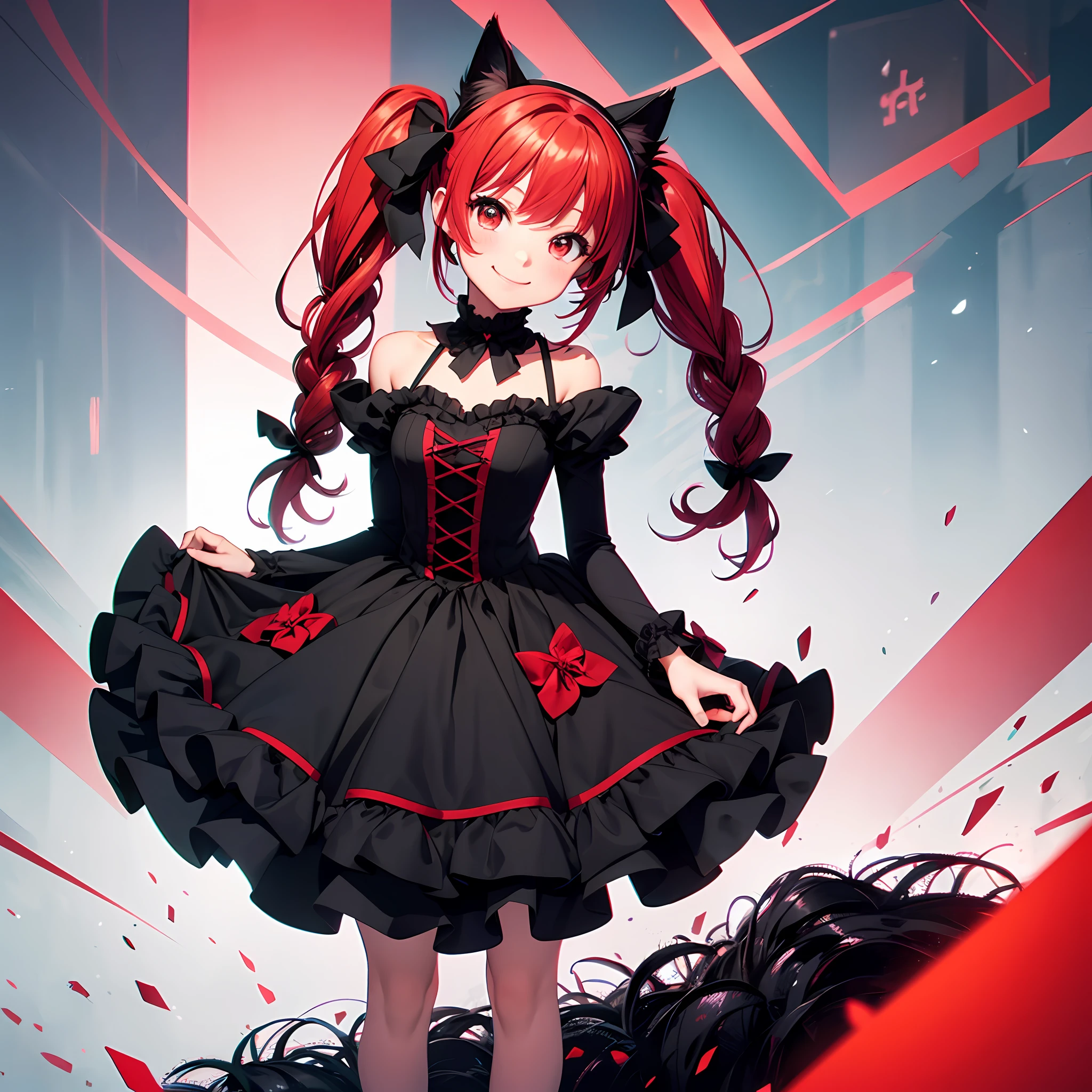 Anime filling,Two-dimensional illustration,Red-haired,Half Twin Tail,shorth hair,Big eyes,A smile,a beauty girl,cute little,Super Cute,Black cat ears,Red Eyes,Ruffled Clothes,Black lace clothes,Inner colorGreen,One girl,Full body painting --auto