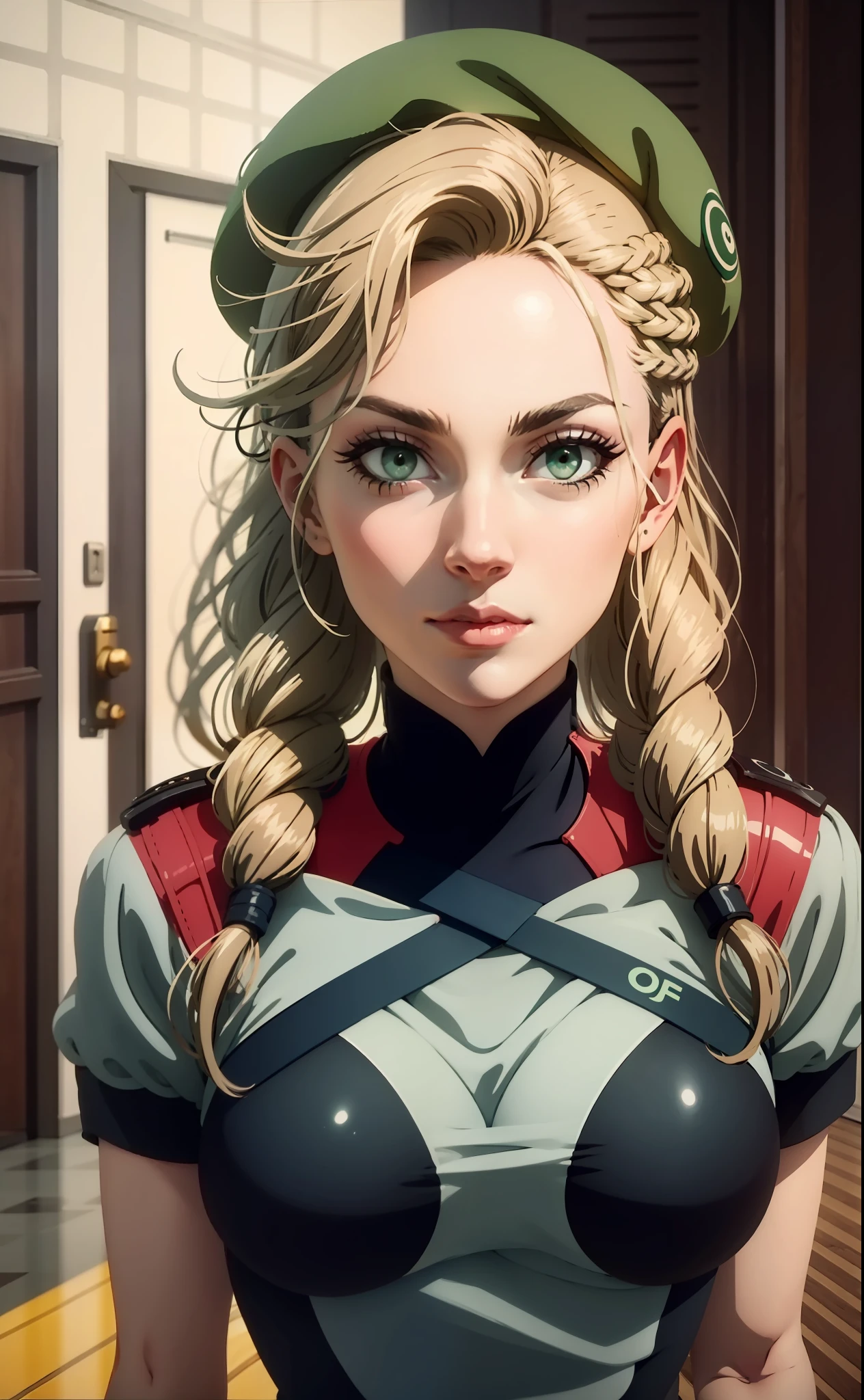 3dmm. [[[Melhor qualidade obra-Prima , perfect  lighting, cinematic lighthing, long braids twin red beret,pernas abertas ]]],CAMMY olhos azuis cabelo loiro cabelo longo ,quadril largos boina vermelha collant verde luvas sem dedos vermelha botas preta,stare fixed on the front camera, renderização 3dMM