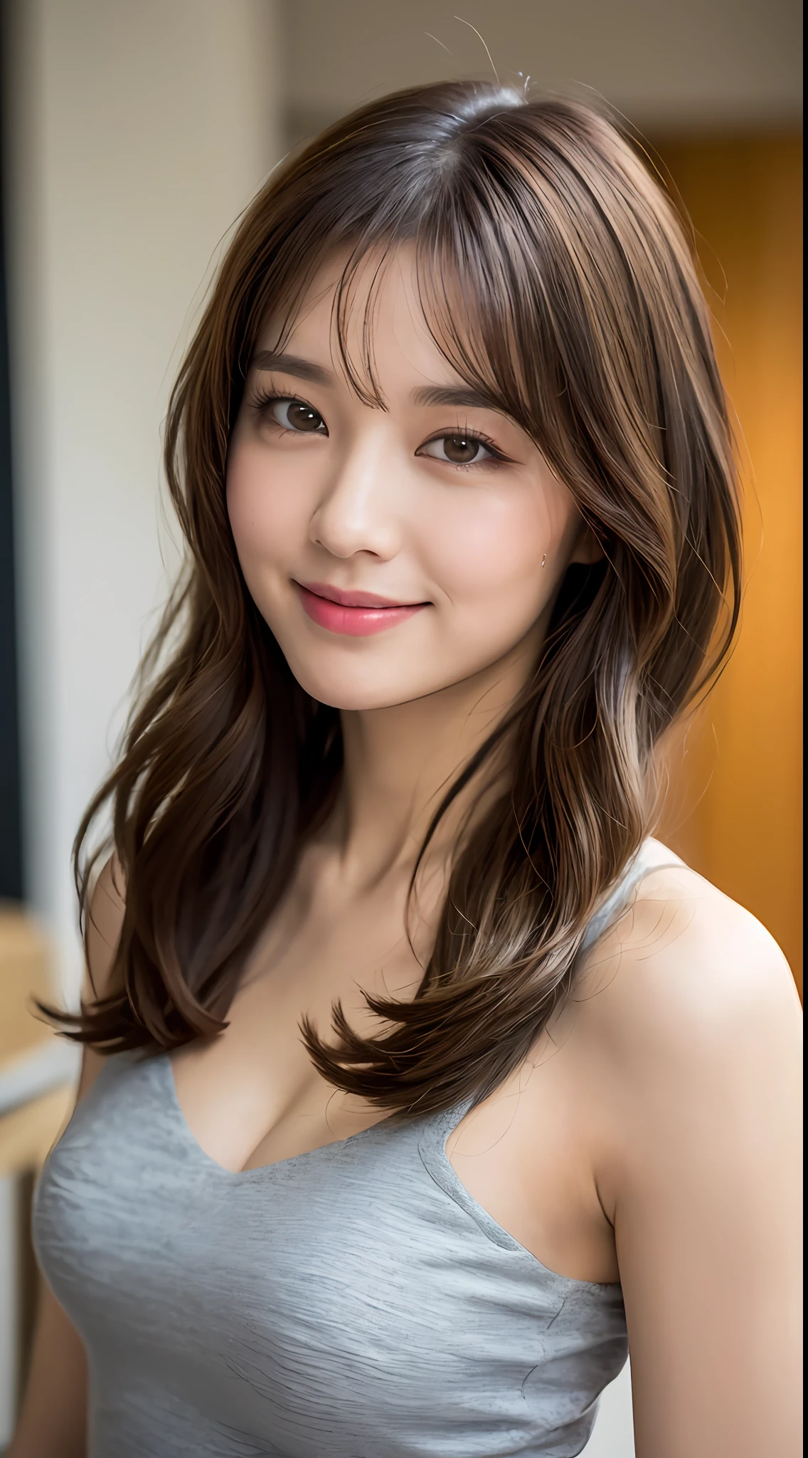 ((Best Quality, 8K, Masterpiece: 1.3)), 1 Girl, Slim Abs Beauty: 1.3, (Hairstyle Brown Hair Shortcut, Big: 1.2), Dress: 1.1, Super Slender Face, Delicate Eyes, Double Eyelids, Smile, Home, Raw Photo