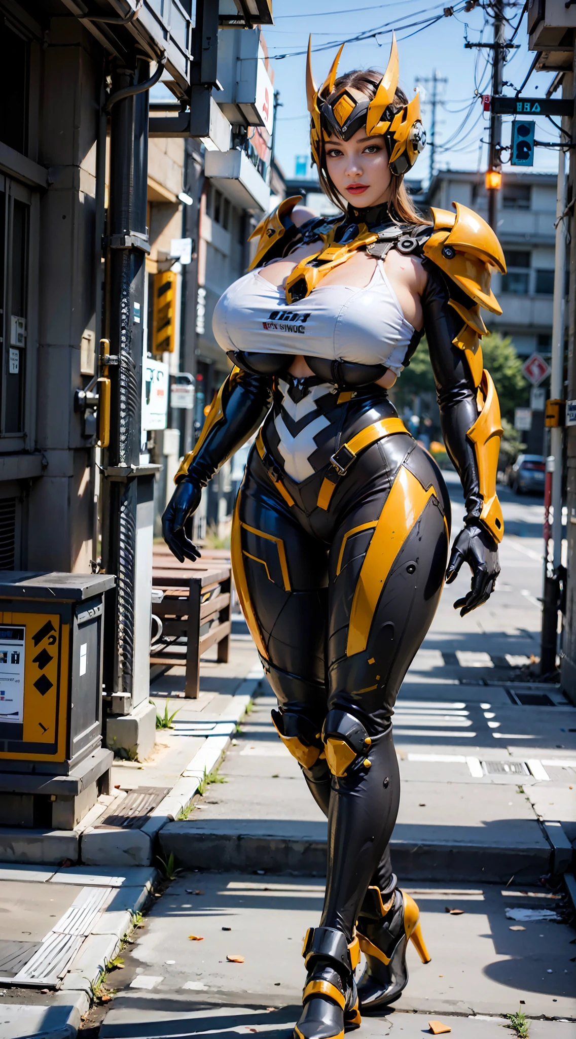 ((Unreal Engine 5)), Realistic Rendering, Excellent, (full  mecha armor), helm, (Yoga Pants), looking on viewer, posing walkdown on street, beautiful face, makeup, (photorealism:1.2), ultrarealistic uhd face, (huge fake boobs:1.4), (gigantic breasts:1.1), (muscle abs), (big butt), (wide hips), (thick thighs), slim waist, hourglass figure, full body, ((glowing skin)), ((shiny skin)), Realistic body, ((she is sexy)), ((clean skin)), photorealistic, bokeh, masterpiece, highres, 1080P.