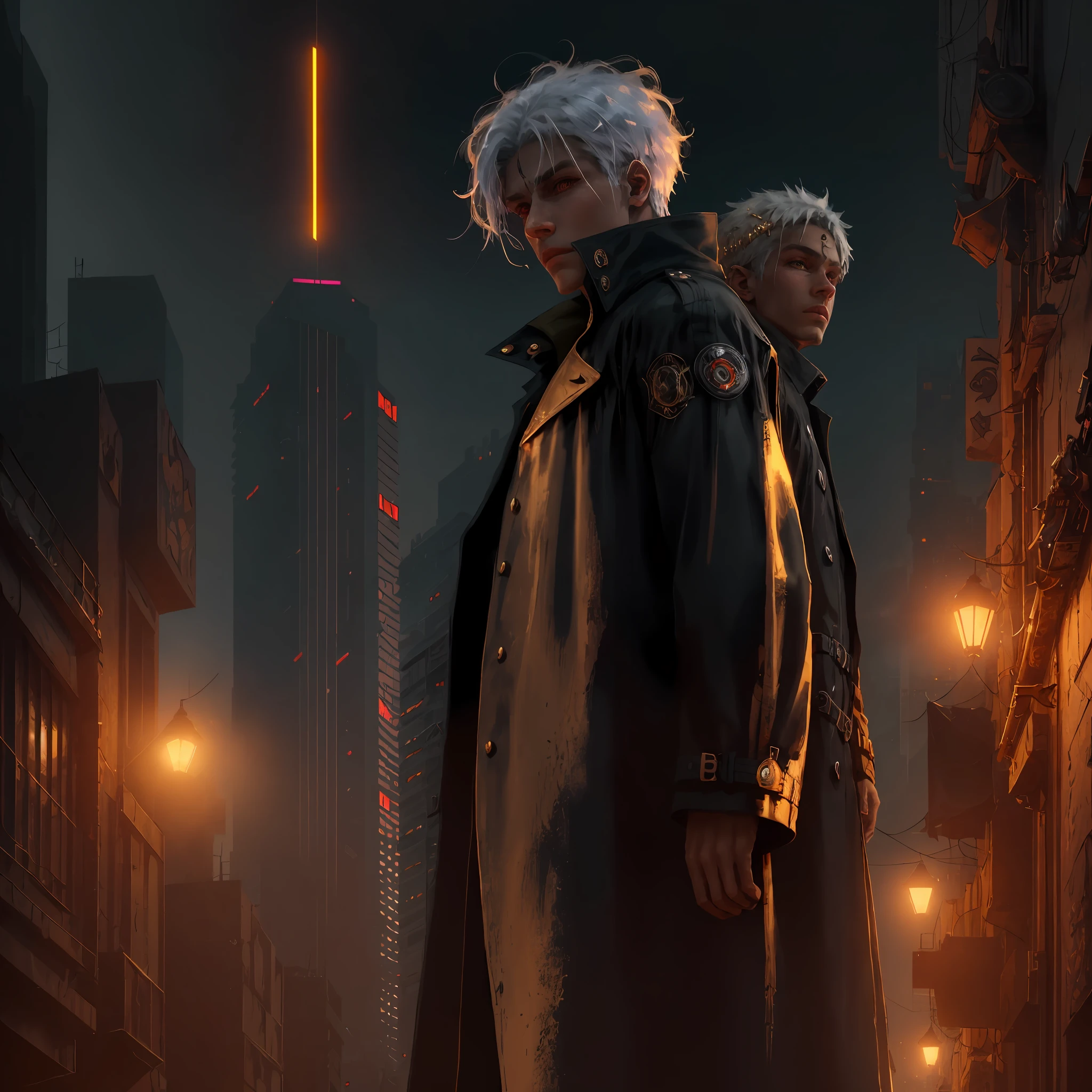 The boy with white hair，The left eye is golden，The right eye is blue，Wearing a handsome black trench coat，Standing on top of the building at night，Behind it is a cyberpunk-style city， --auto