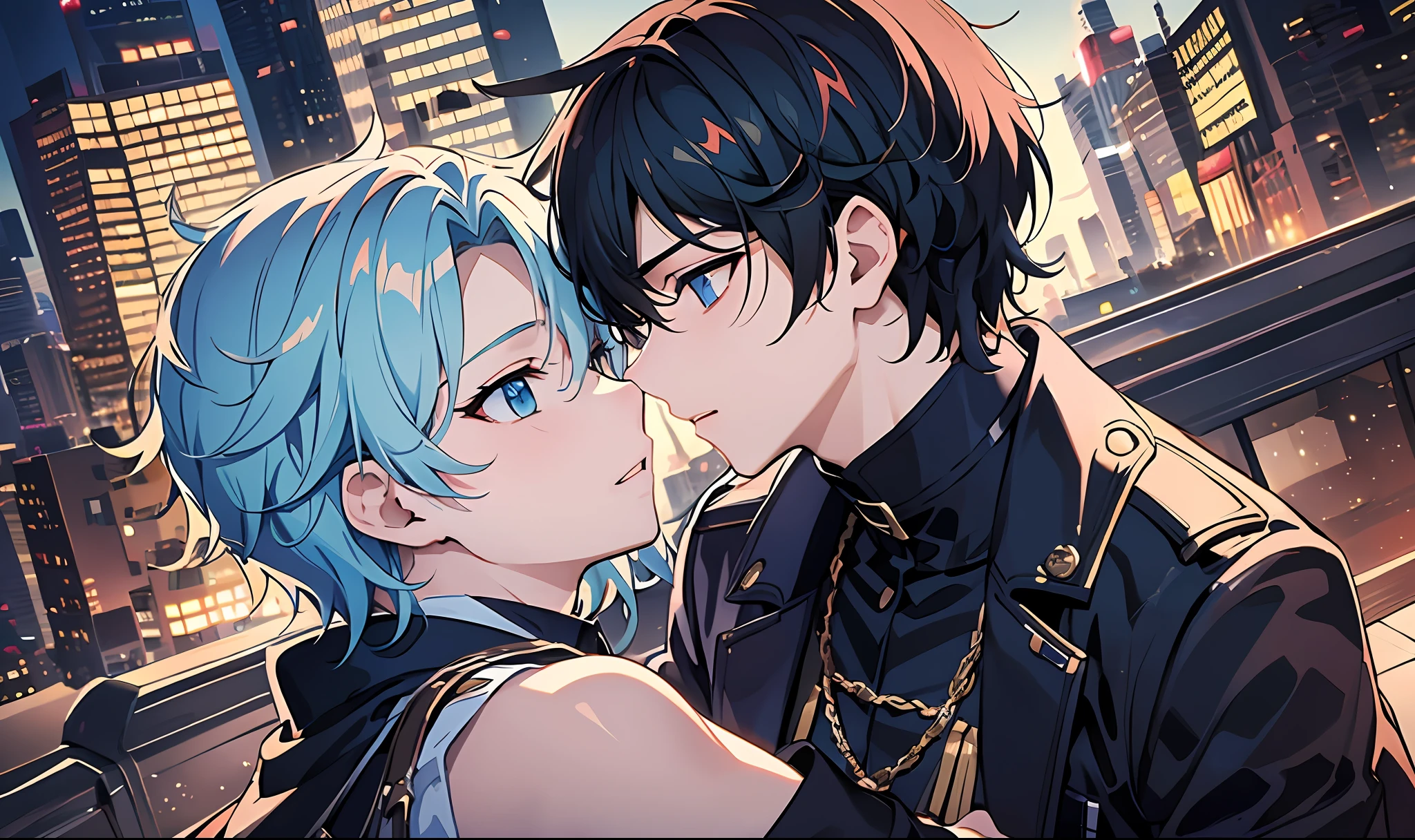 (extremely detailed CG unity 8k wallpaper,masterpiece, best quality, ultra-detailed),dos jóvenes lover:juntos, Alessio Albi y Shin Jeongho, piscina, fondo oscuro, lámpara de luz negra, blue hair, sexy, bold pose,cel shading, blue hair, black hair, two boys, two mans, boy love, boyslove, yaoi, look at eachother, in love, cute couple, sesión de fotos, Yaoi, Alessio Albi y Shin Jeongho, besándose, enfrentándose, Cai Xukun, están enamorados, Taejune Kim, chico blue hair y chico pelinegro, (((masterpiece))), artstation style, anime, boyslove, two boys, two mans, boys love, homosexual, 4k,8k,16k,uhd, shorts hair, city landscape, city lights in the background